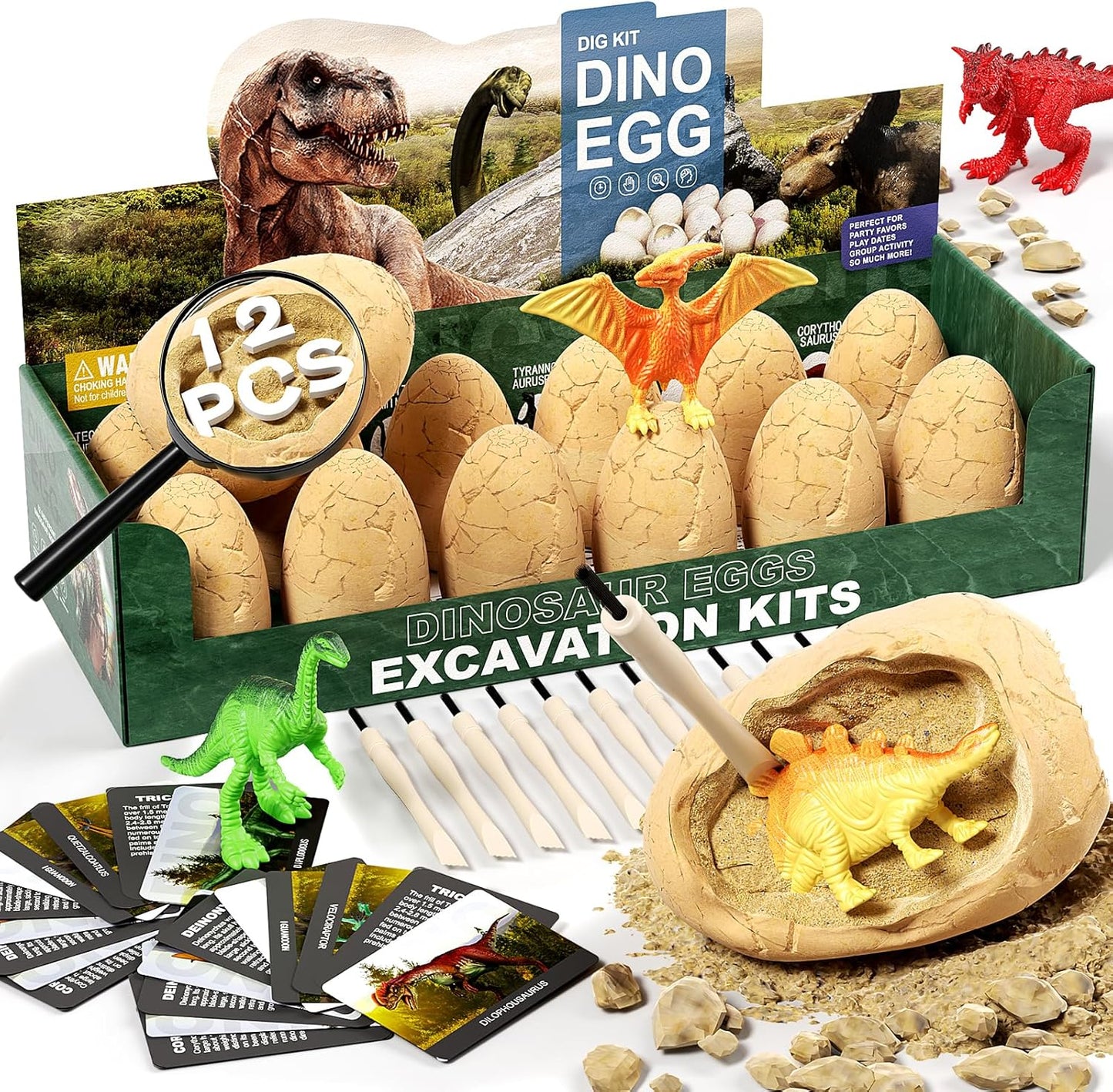 24 Dinosaur Eggs Dig Kit Toys for Kids, Dinosaur Eggs Excavation Kit with Magnifier, Easter Basket Stuffers, Science STEM Birthday Party Favors Gifts for Boys Girls Age 3 4 5 6 7 8 9 10 + Years Old