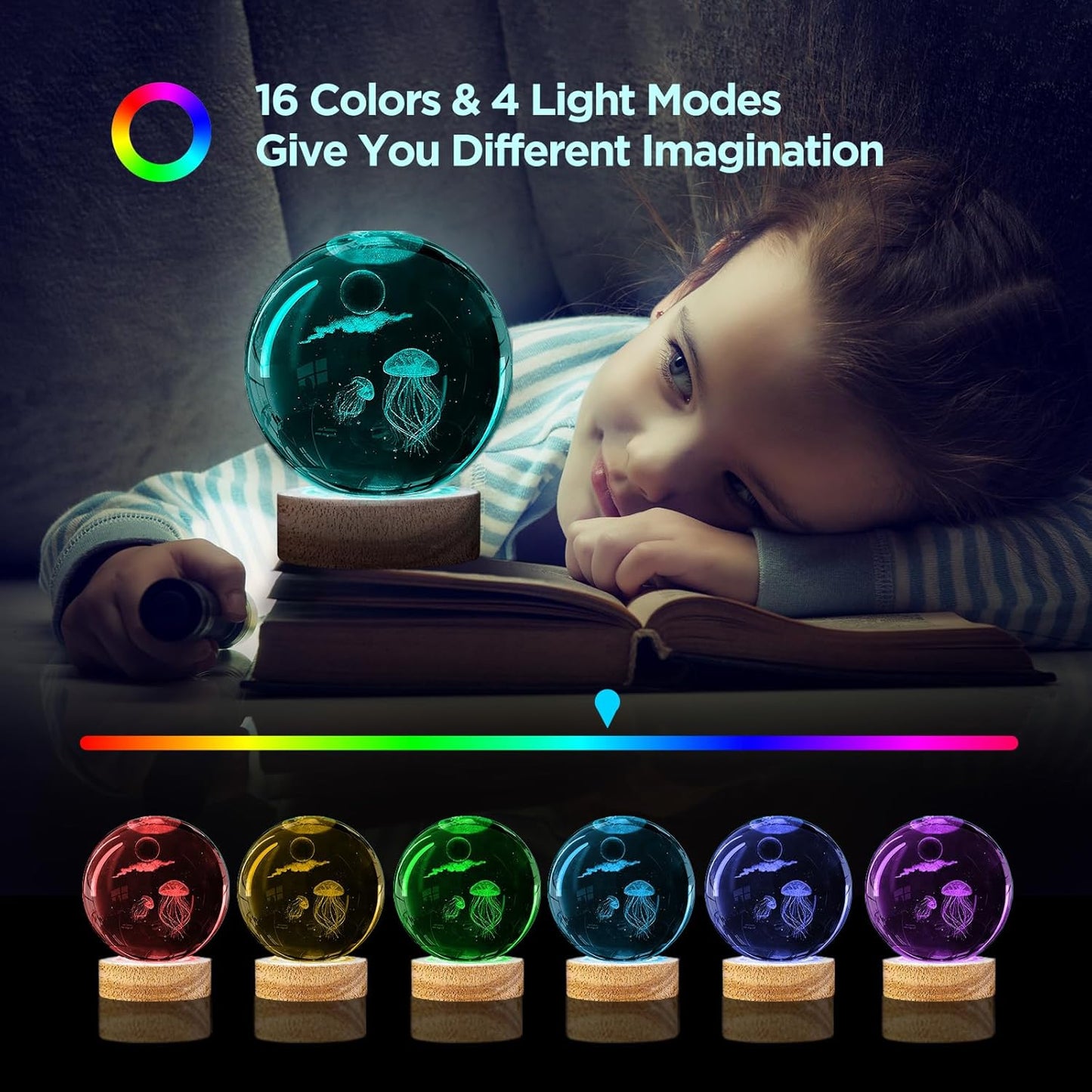 3D Solar System Crystal Ball Night Light with 16 Color Wooden LED Base Upgraded 3.15 In Galaxy Planets Ball Lamp with Remote for Birthday Christmas, Astronomy Space Gifts for Boys Girls Kids