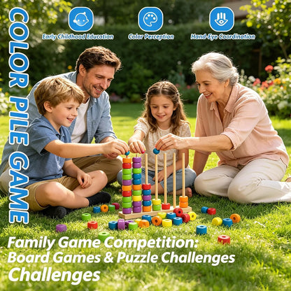 2026 Trendy Color Matching Stacking Puzzle Game, Fast Pattern Challenge Ring Stack Game for 2 Players, Wooden Brain Teaser Toy, Racks and Rings for Family Game Night Fun (1 pcs)