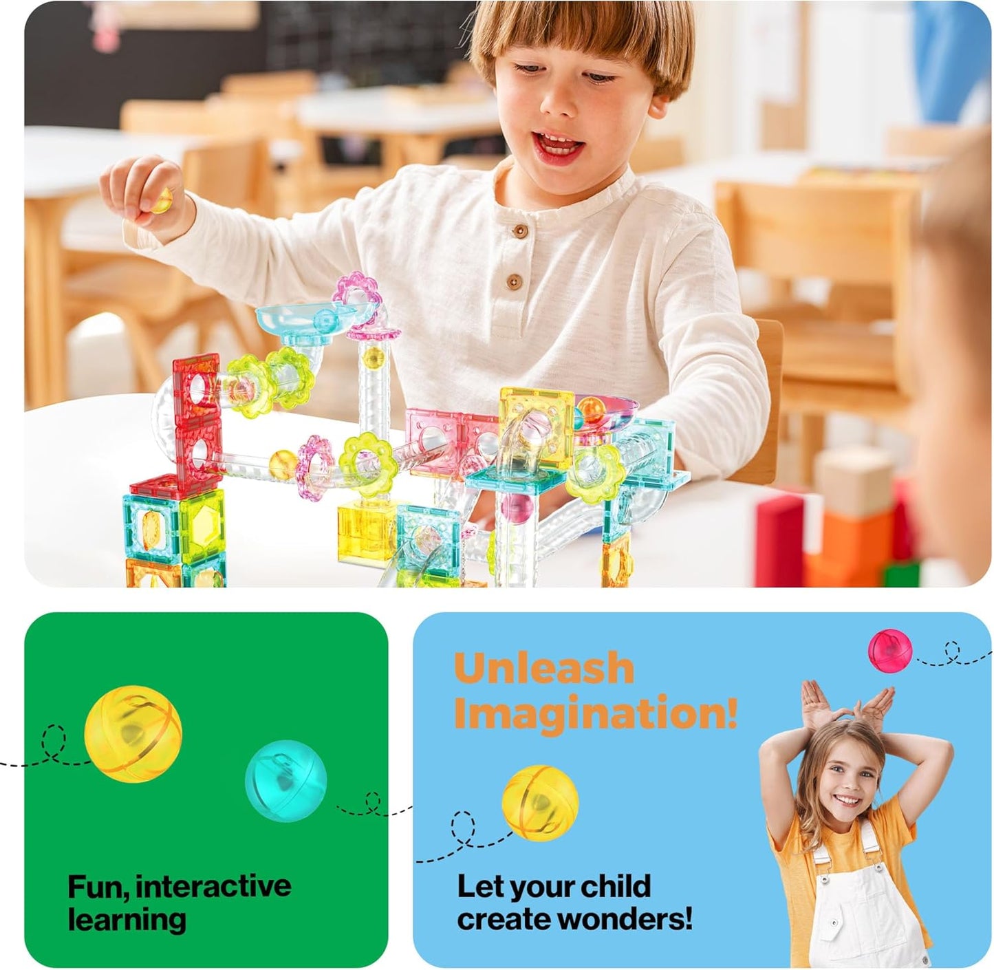 PicassoTiles Marble Run 60 Piece Race Track Magnetic Tiles Magnet Building Block Educational Construction Toy Set Playset STEM Learning Kit Child Brain Development HandEye Coordination Training PTG60