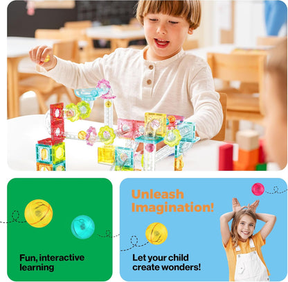 PicassoTiles Marble Run 60 Piece Race Track Magnetic Tiles Magnet Building Block Educational Construction Toy Set Playset STEM Learning Kit Child Brain Development HandEye Coordination Training PTG60