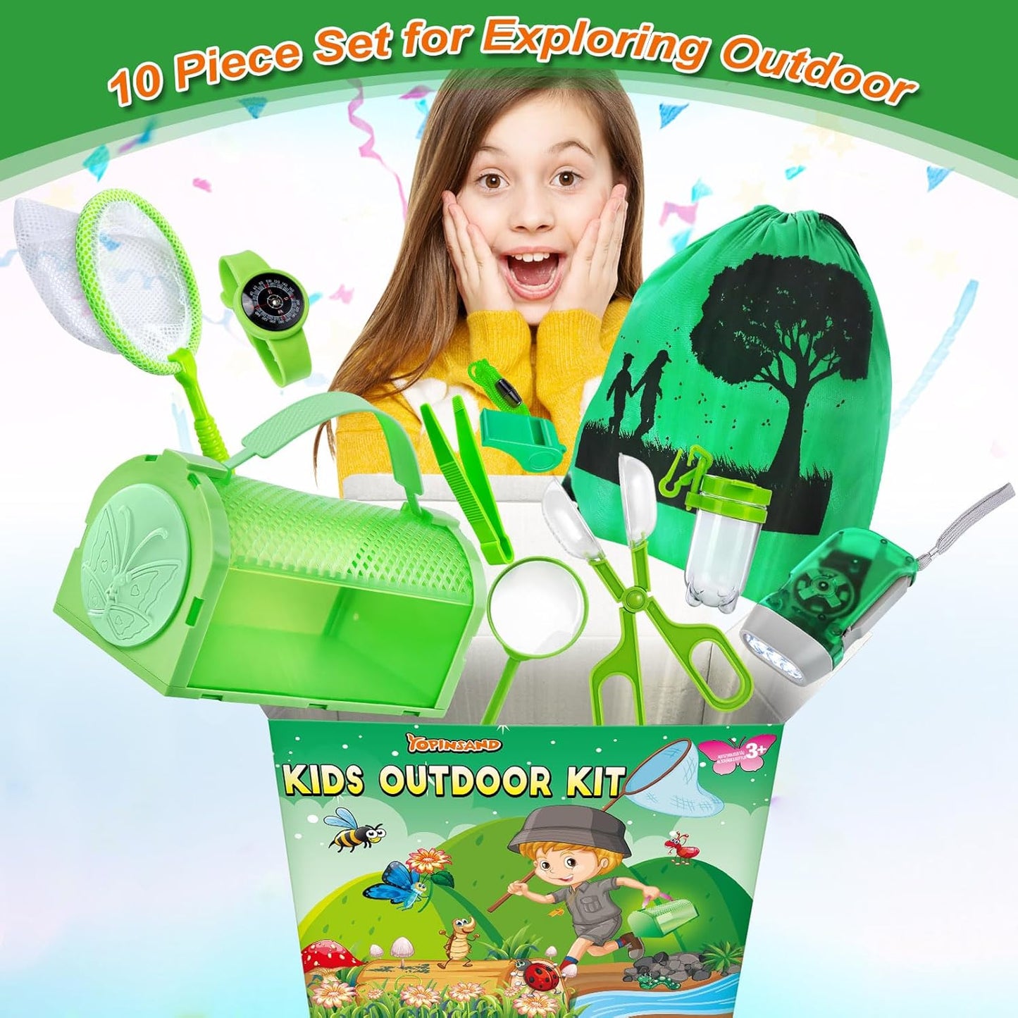 Bug Catcher Kit & Outdoor Explorer Kit for Kids, 10 Pcs Bug Catching Kit with Toy Cage, Backpack, Flashlight, Manifying Glass, Toy Net, Outdoor Exploration Toys Gift for Boys Girls 3-12