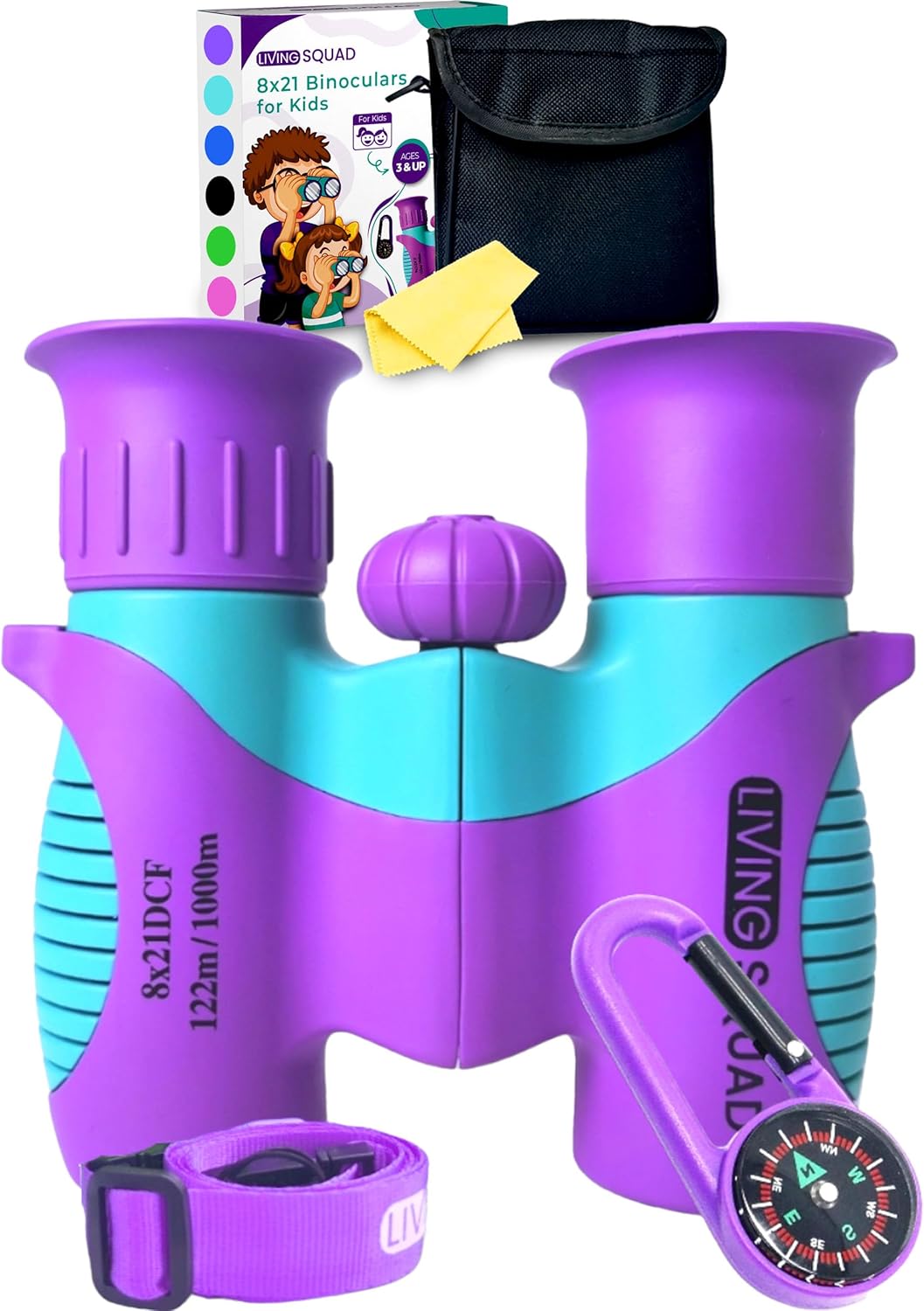 Kids Binoculars 8x21 Shockproof Green - Ages 3-12 with Case Neck Strap Compass Carabiner | High Resolution Optics for Bird Watching Camping Hiking | Birthday Gift Boys Girls
