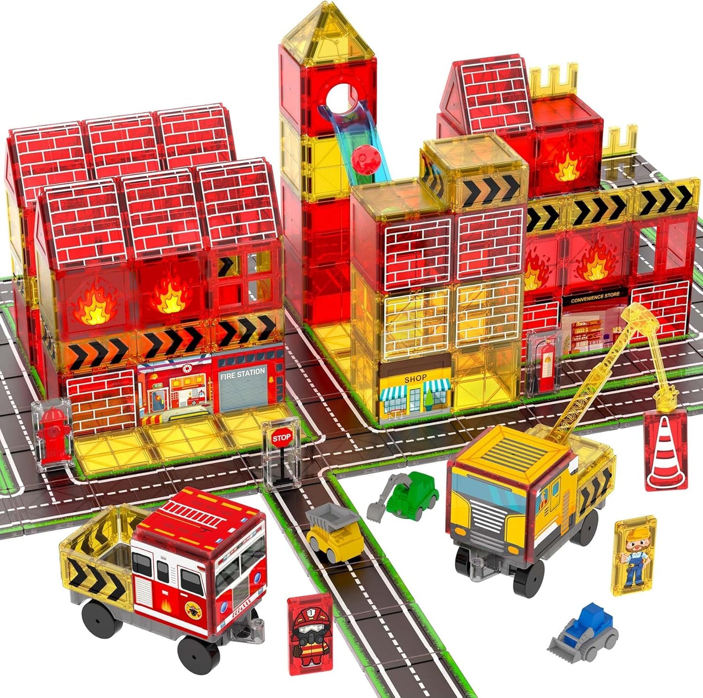 Magnetic Tiles for Kids Ages 4-8, Magnetic Blocks with Construction, Fire Fighting, Road, Engineering, Crane and Truck Themes, Magnet Toys Classroom Travel STEM Birthday Gifts for Boys