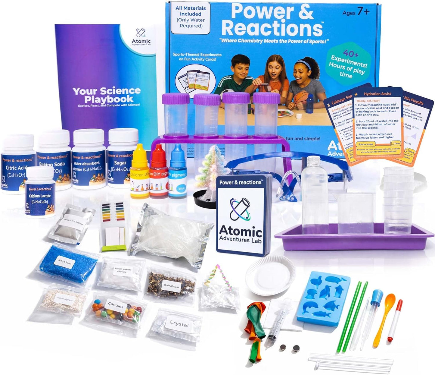 Power & Reactions Chemistry Kit - 40+ STEM Educational Science Experiments for Kids Ages 7-12 with Periodic Table Cards & All Tools, Hands-On Learning Activities for Boys & Girls