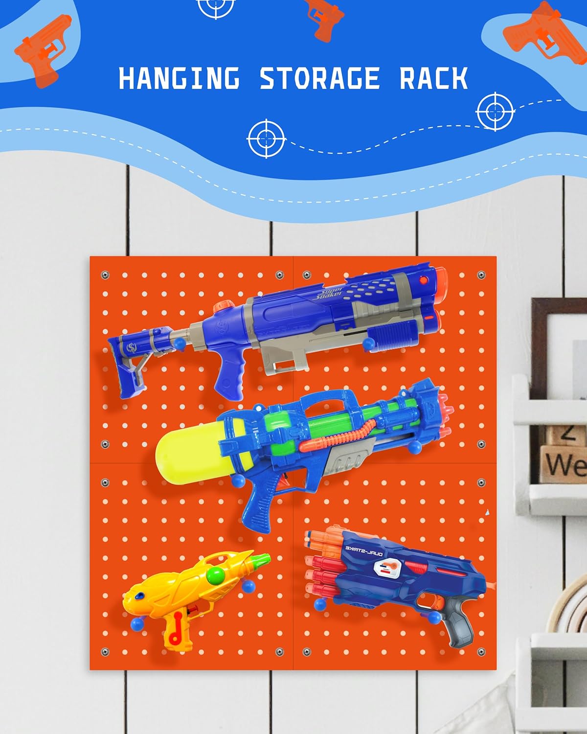 Skywin Wooden Pegboard for Nerf Gun Storage, Nerf Gun Wall Mount Eagle Shape, Compatible with All Blasters, Rack for Wall Organization - Birthday Gift for Kids (Orange)