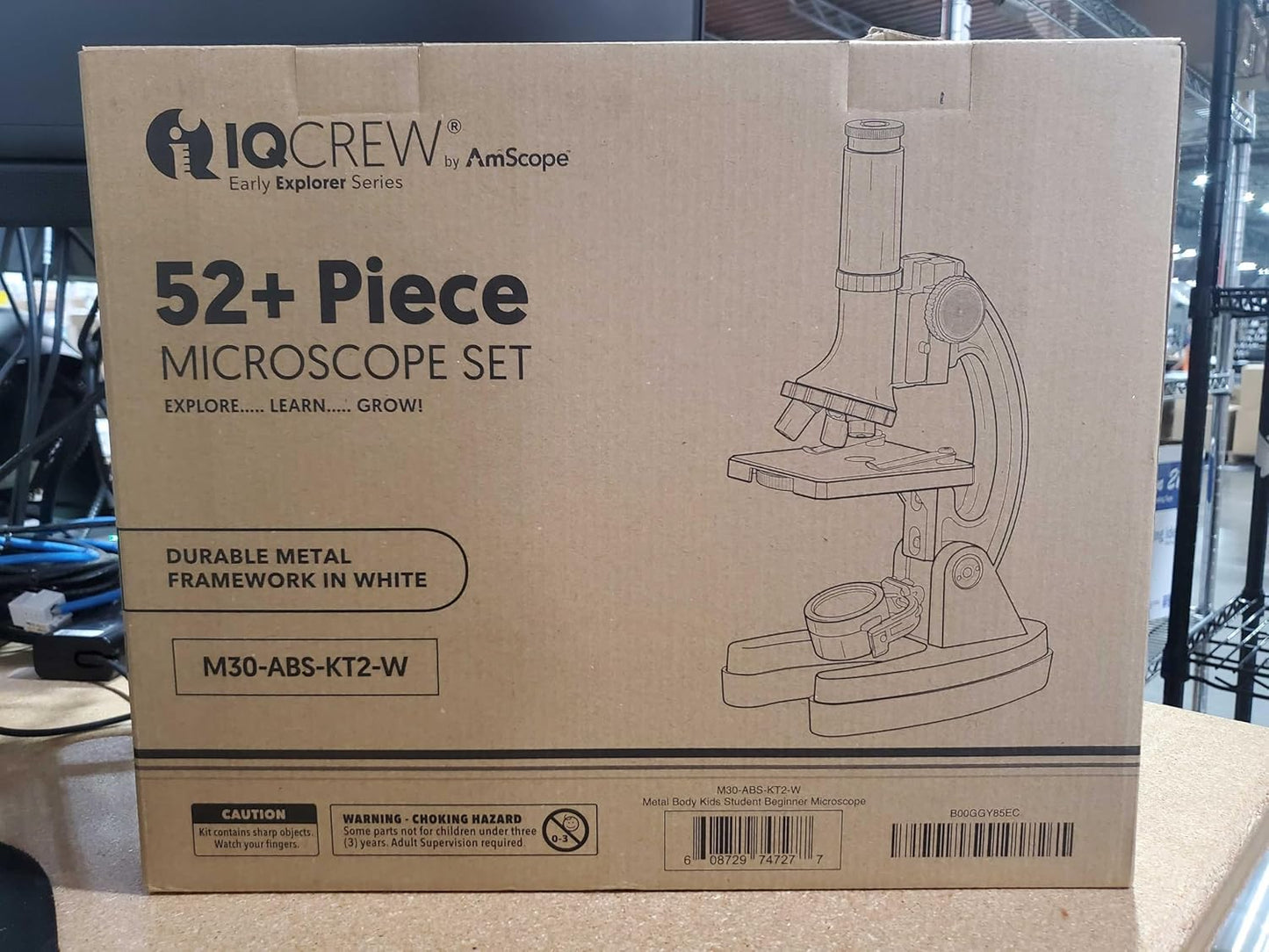 AMSCOPE-Kids 120X-1200X White Metal Arm Starter Kids Student Microscope Kit and Compact Refractor Telescope with Tripod - M30-ABS-KT2-W-TKVB1