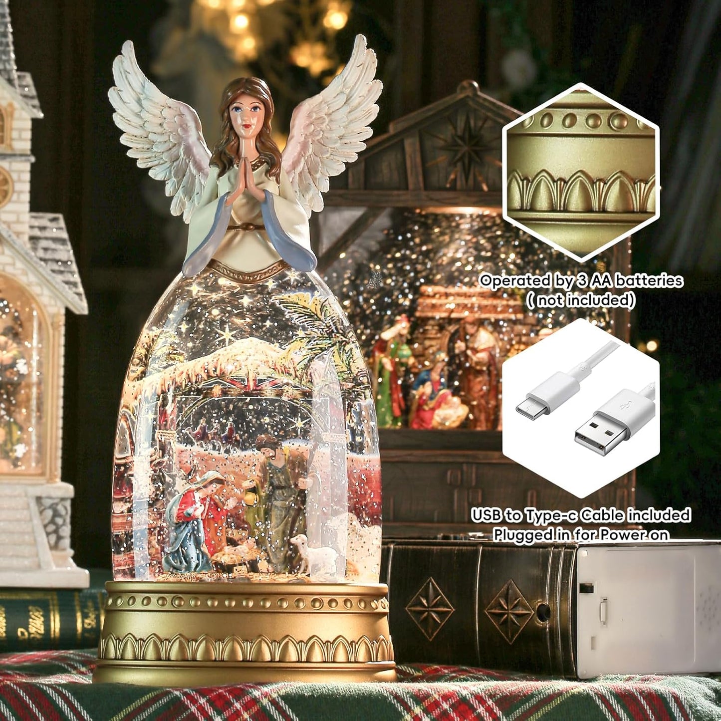 Snow Globe Lantern with Violin Girl – Shatterproof, Glitter Snowglobe 10 Songs Music Box, Led Light, USB or Battery Powered, for Girls Spring Day Gifts Birthday Home Decor Fall Decoration, Silver