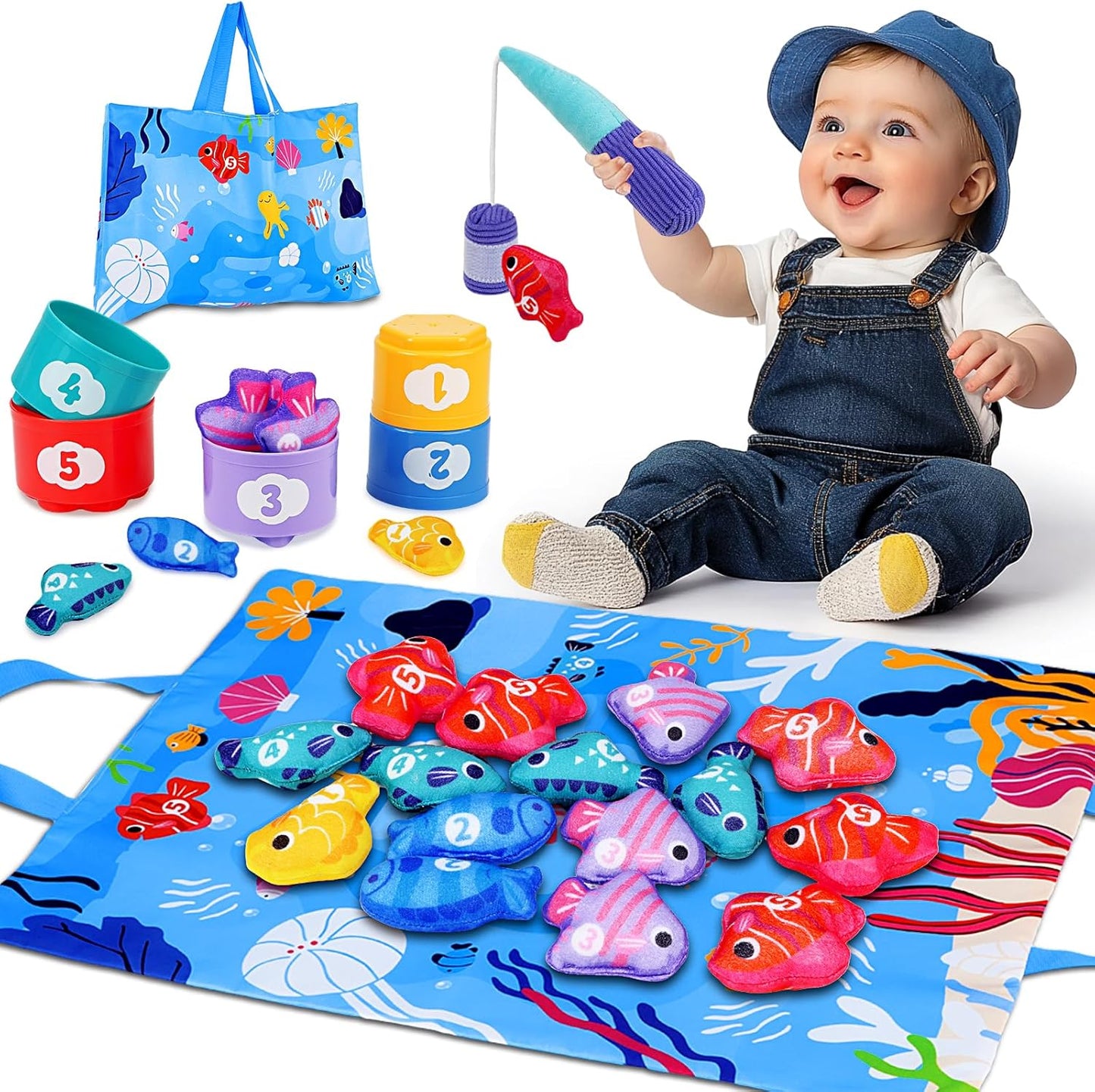 Arovan Montessori Toys for 1 Year Old - Cloth Fishing Game with Stacking Cups Toddler Toys for One Year Old Boy Girl First Birthday Gift - Sorting Learning Baby Toy 12-18 Months 1 2 Year Old