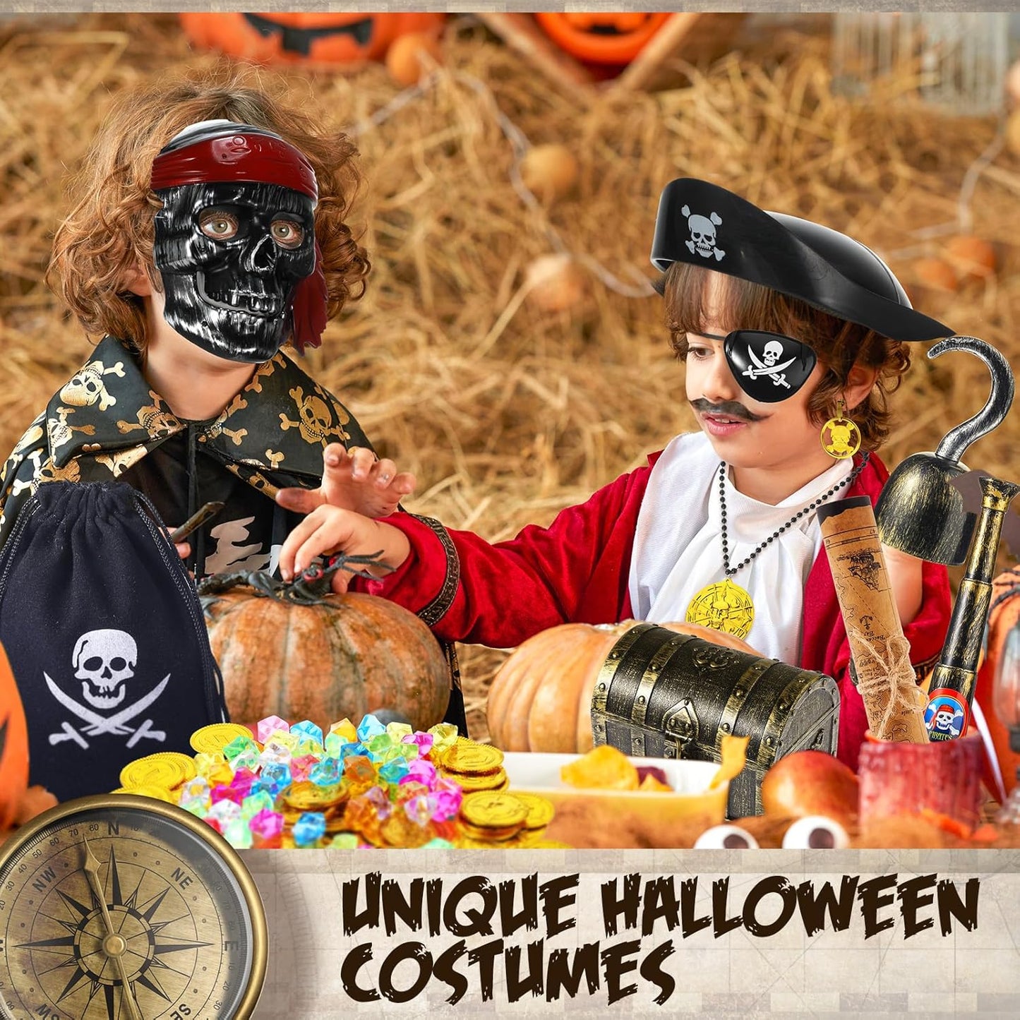 116 Pieces Pirate Treasure Toys, Pirate Treasure Box with Coins Jewels Gems and Pirate Map Compass Telescope for Boy Girl Halloween Cosplay Props Pirate Theme Party Decoration Favor (Cute Style)