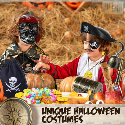 116 Pieces Pirate Treasure Toys, Pirate Treasure Box with Coins Jewels Gems and Pirate Map Compass Telescope for Boy Girl Halloween Cosplay Props Pirate Theme Party Decoration Favor (Cute Style)