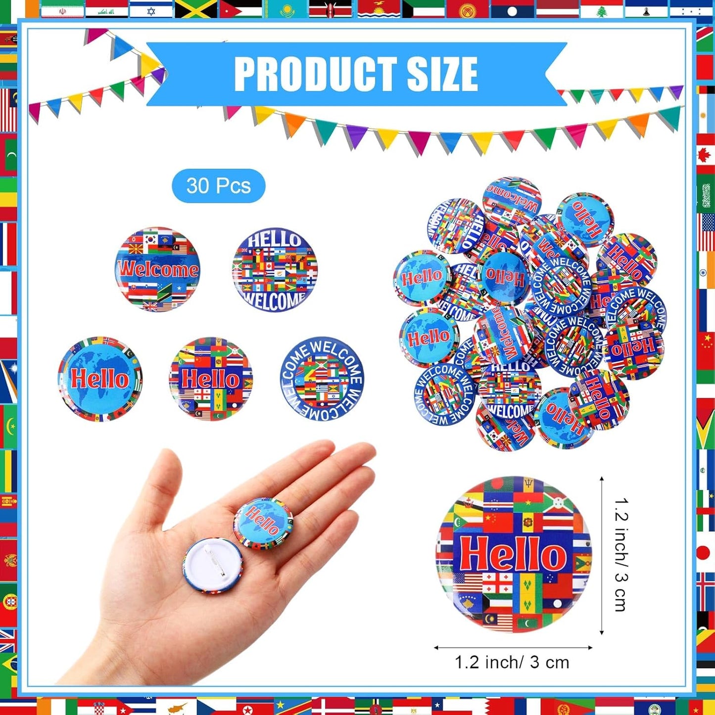 Outus 60 Pcs International Flags of The World Party Favors: 30 Around The World Slap Bracelets, 30 Button Pins, Country Flags International Party Favor Globe History Classroom Decorations Supplies