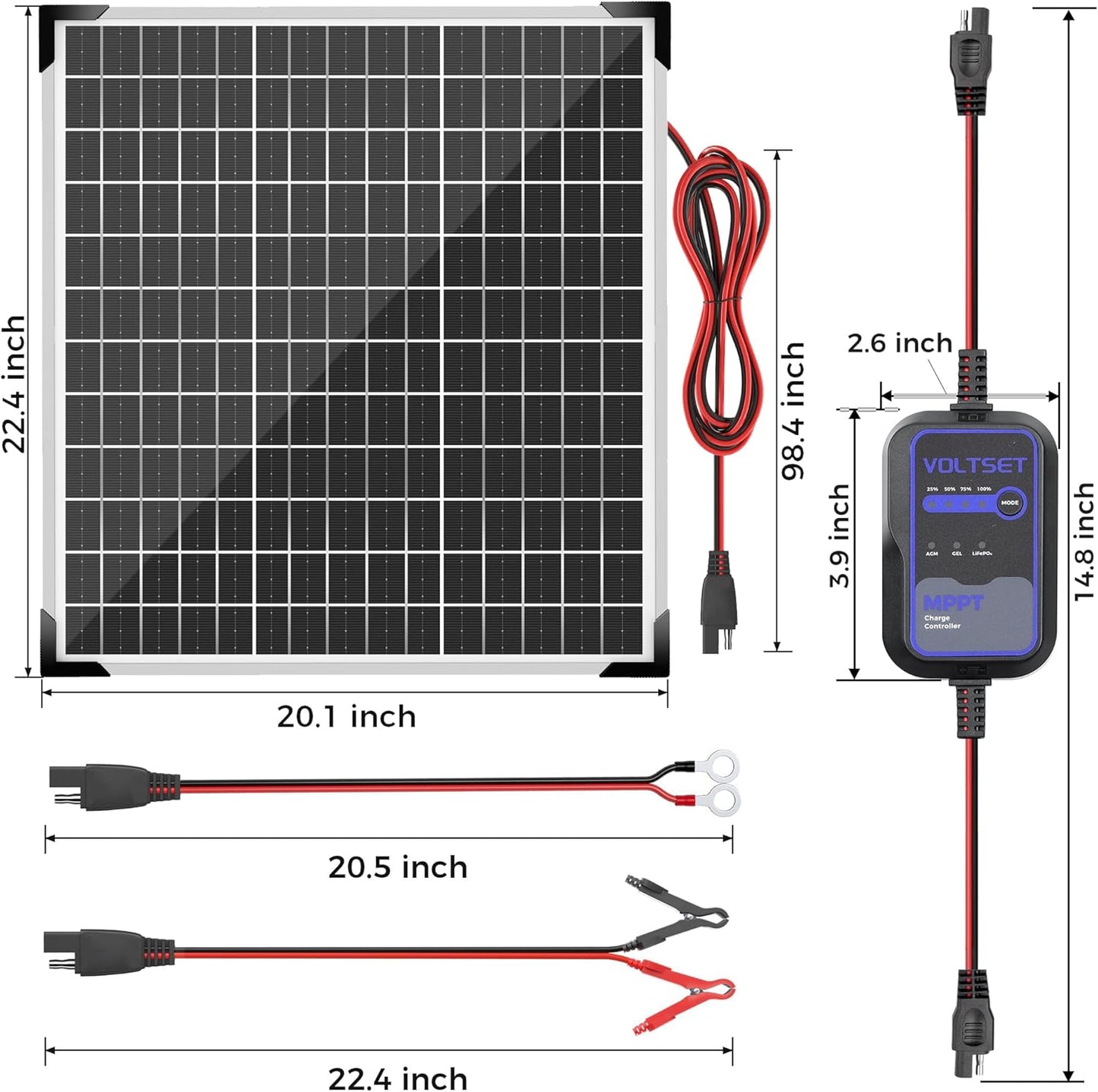 Voltset 12V Solar Battery Charger - 20W Waterproof Solar Panel Kit with Smart MPPT Controller - Trickle Charger Maintainer for Car RV Boat Marine Trailer Automotive Trailer Truck Motorcycle