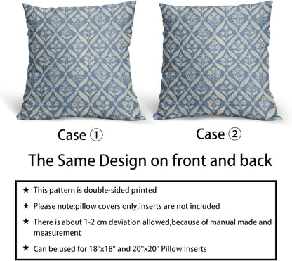 Blue Green Floral Block Print Pillow Covers 12X20 Set of 2, Flower Pattern Spring Summer Print Decorative Throw Pillow Covers Outdoor Farmhouse Seasonal Cushion Case Couch Sofa Bed Decor