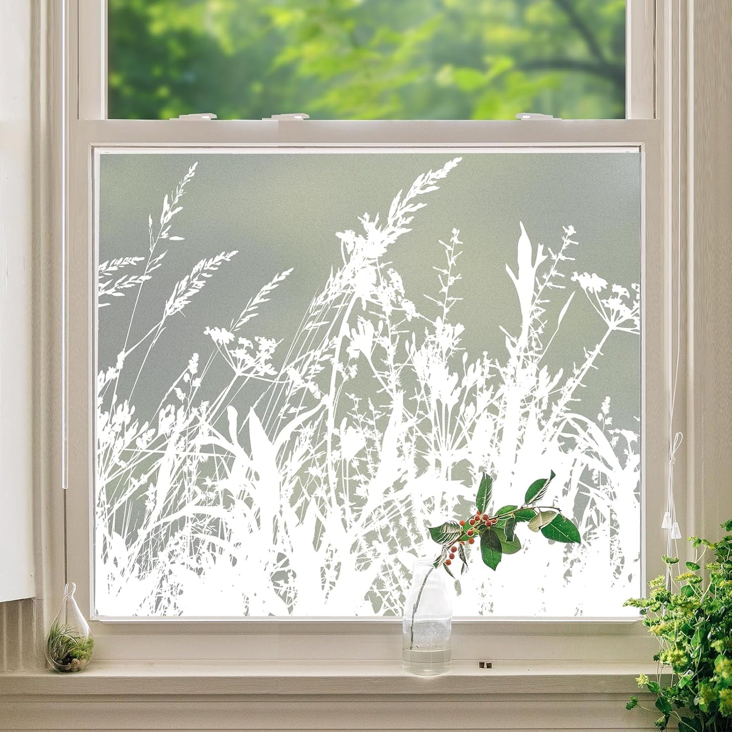 DKTIE Window Privacy Film Flowers Pure White Pattern Stained Glass Window Film Decorative Frosted Glass Window Film Sun Blocking Heat Control Static Cling (A274, 17.5" x 78.7")