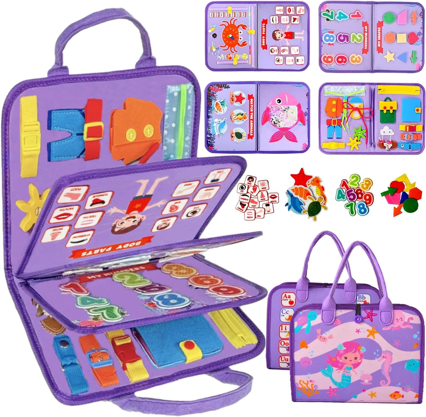 Qizfun Montessori Busy Board & Busy Book for Toddlers – Sensory & Learning Toy That Keeps Kids Busy, Travel Toy for Airplane & Car, Screen for Boys & Girls (Blue/P4)