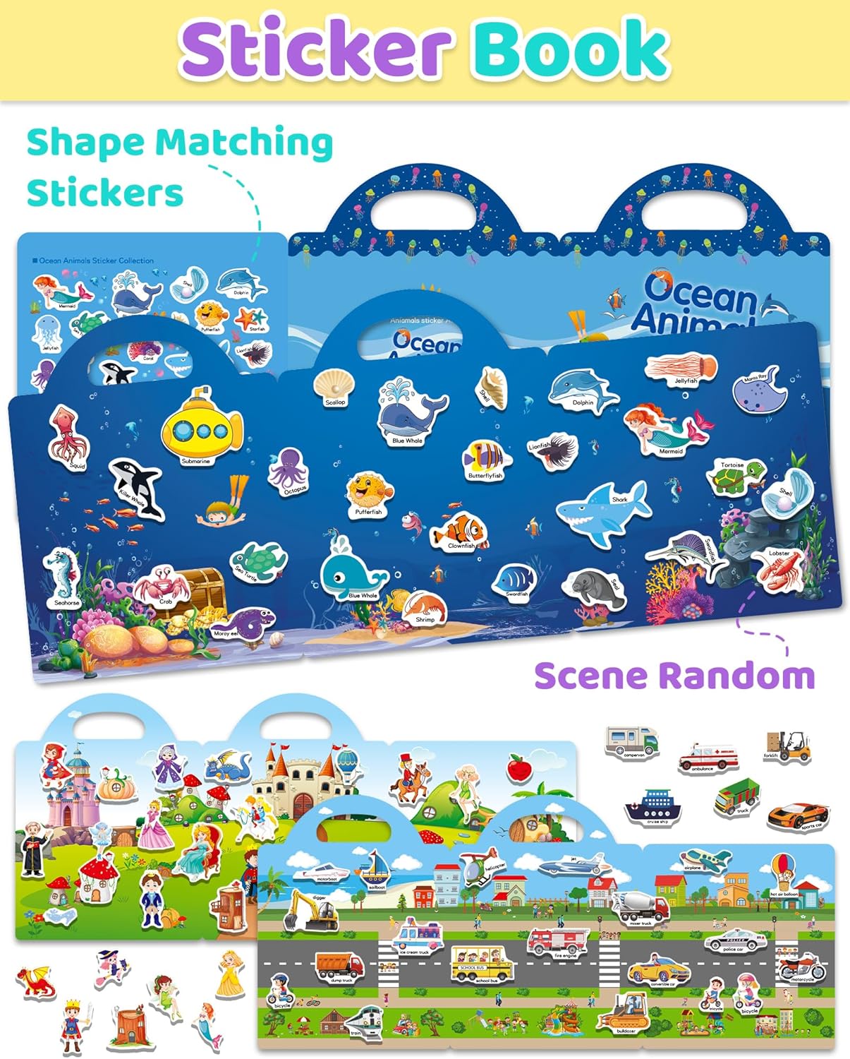 Benresive Reusable Sticker Book for Toddlers, Stickers for Kids, Travel Toys for Arts & Crafts Activities, Birthday Gift for Boys & Girls, Animals Dinosaurs Insects Themes