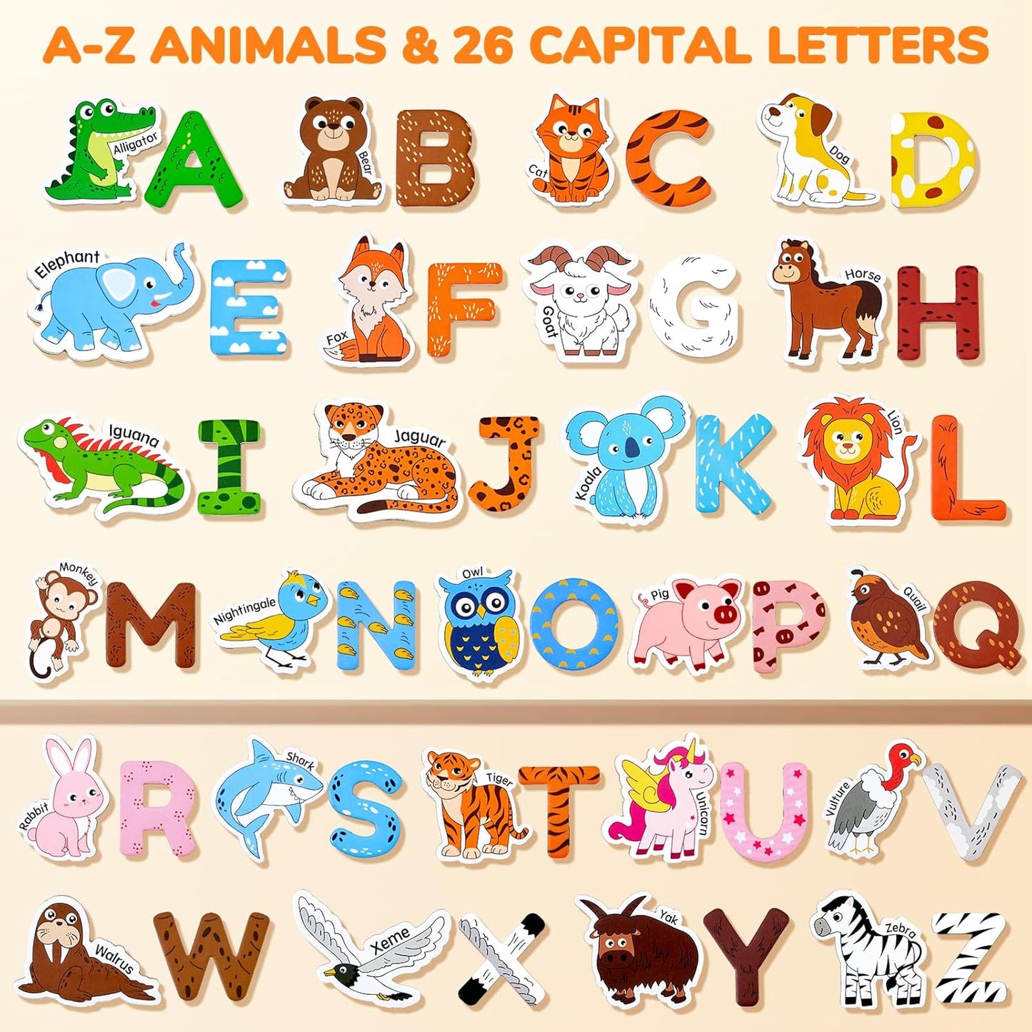 JoyCat Wooden Magnets for Kids – 26 Cute A-Z Animals Fridge Magnets for Toddlers, Large Magnetic Animal Refrigerator Toys, Fun Educational Learning Gifts for Toddlers 2 3 4 5 Years Old