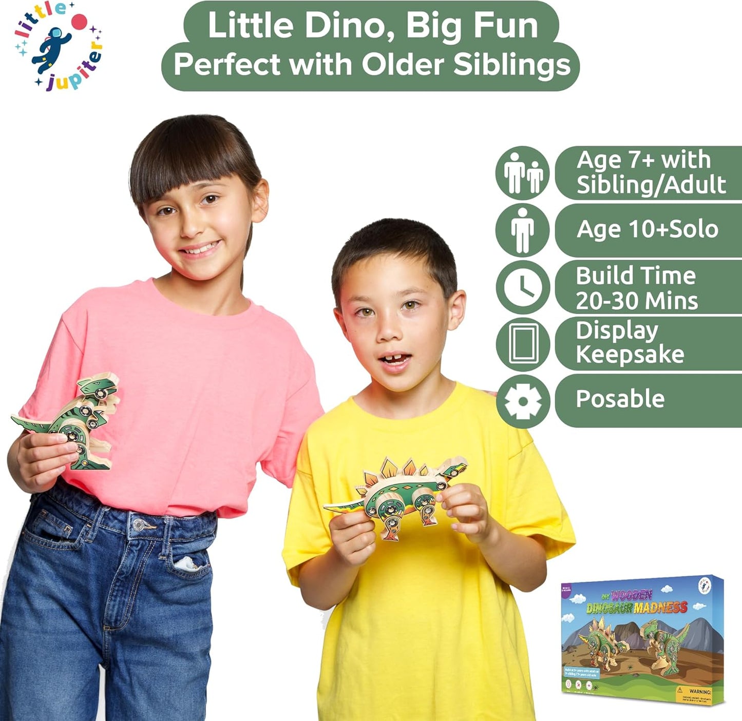 Little Jupiter DIY Wooden Kit with Stickers - Dinosaur Toys for Kids for 7-12 Yrs - Dinosaur Toy Woodworking Kits - Wood Crafts - Kids Building Kit - Wooden Crafts (Stegosaurus)