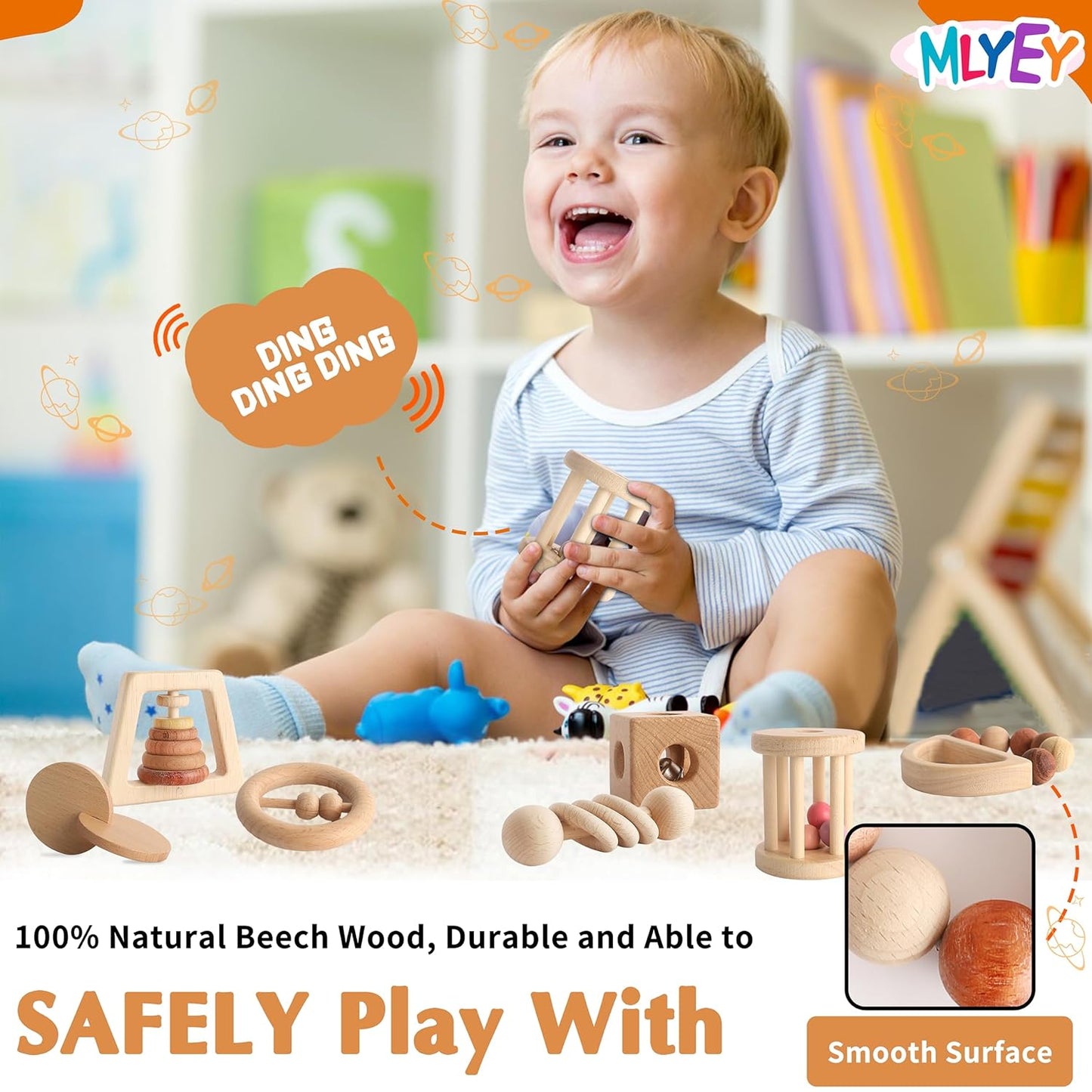 Wooden Rattles for Baby, 7PCS Wooden Montessori Toys for 7-24 Months Baby Boy Girl, Natural Beech Wood Grasping Toy, Gift for Babies