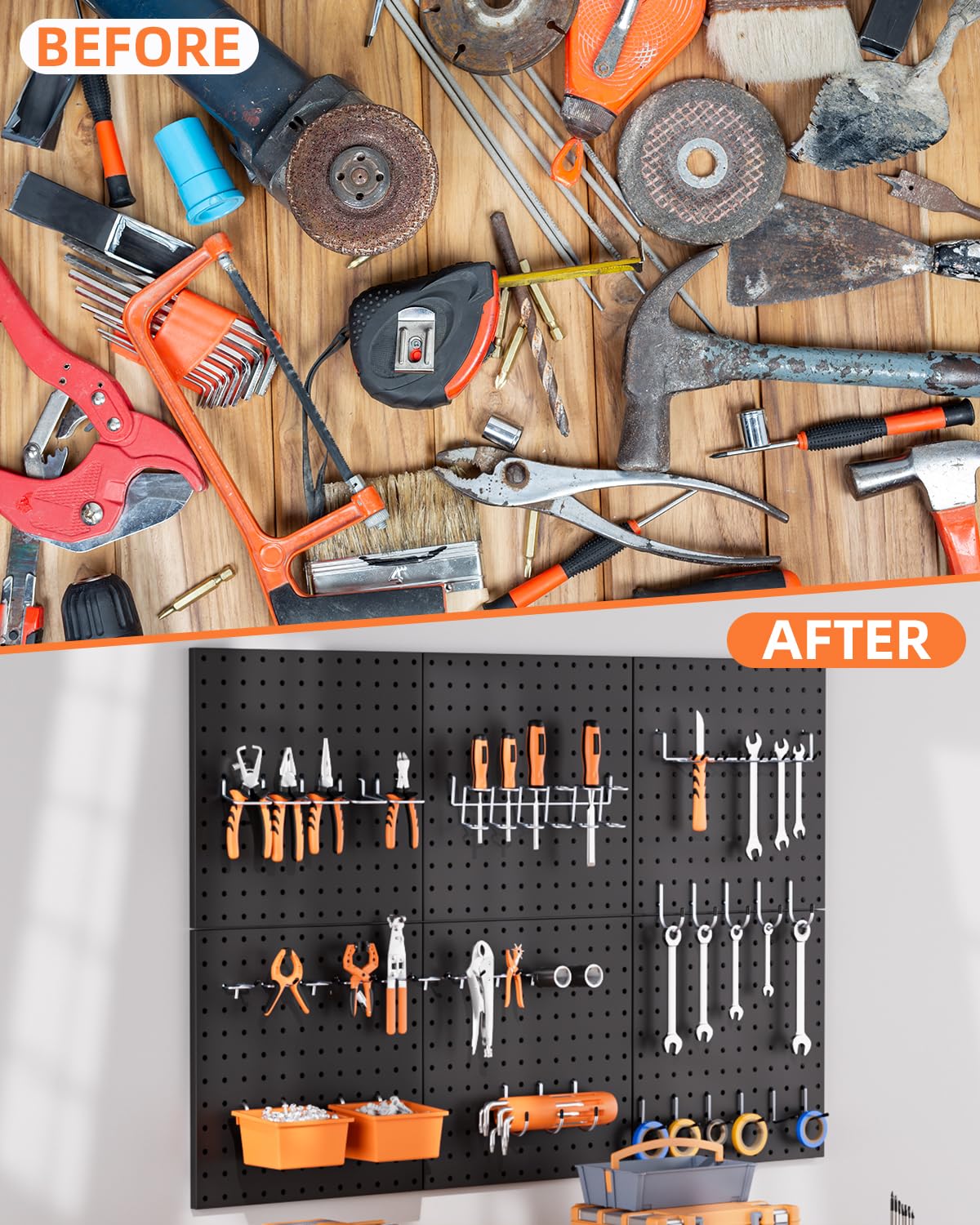 INCLY 70PCS Pegboard Wall Organizer, 4PCS Metal Peg Board Panels with 66PCS 1/4" Pegboard Hooks Accessories Kit, Black Peg Board for Walls Home, Garage Tool Storage, Workbench Organization