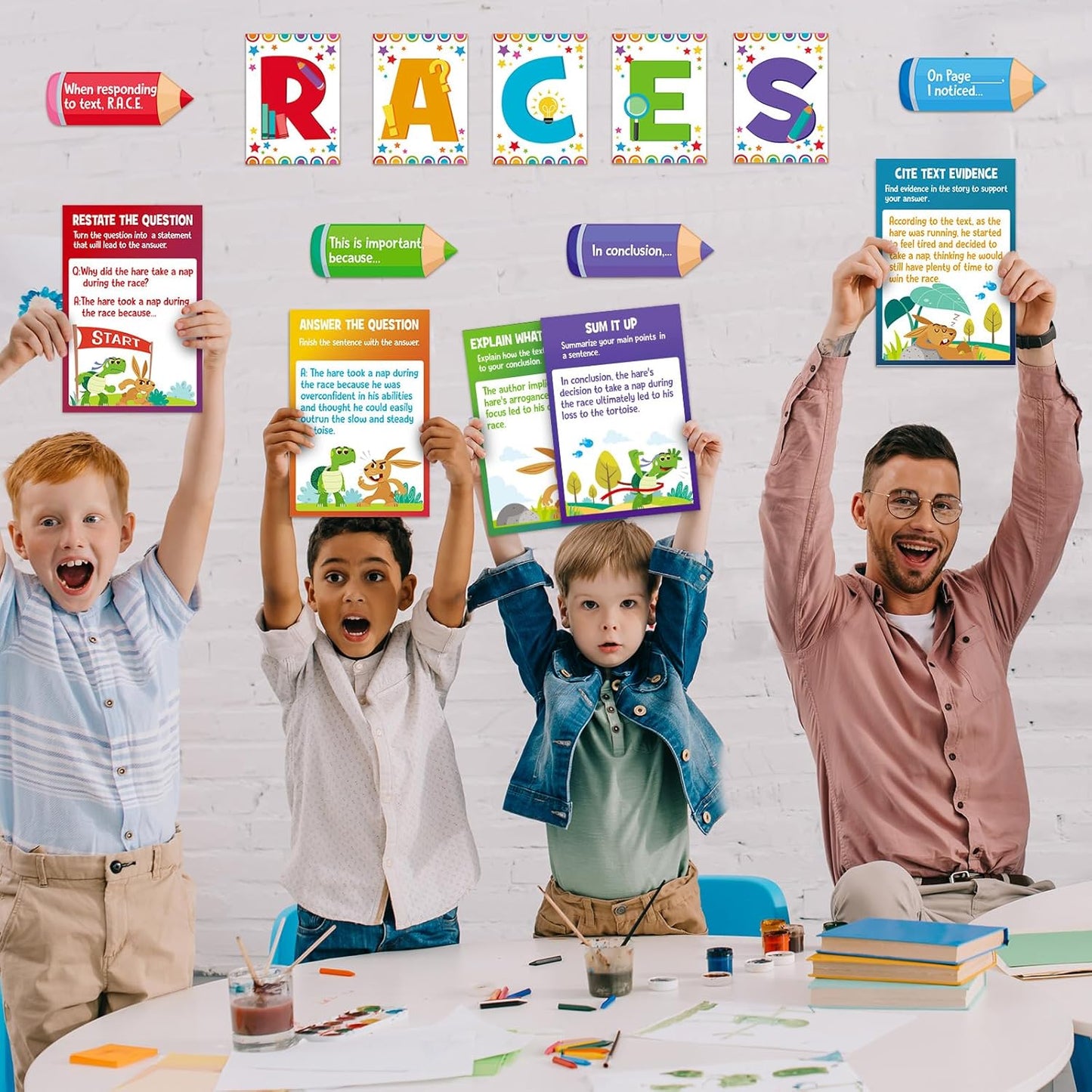Outus 36 Pcs RACES Writing Strategy Bulletin Board Set, Alphabet Cutout Poster Sentence Starters Cards for Elementary School Classroom, Writing Display Wall Decoration Teacher Supply(Greenery)