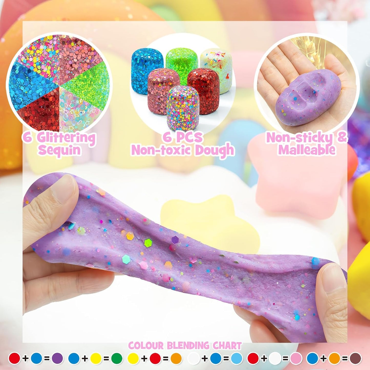SIMPLIPLAY Mermaid Sensory Kit, 18oz 6 Pcs Glitter Doughs with Accessories(150 Pcs+), Non-Toxic Play Dough Set, Sensory Dough Kit for Toddlers 3 4 5 6 Year Old with Cutter, Mermaid Toys