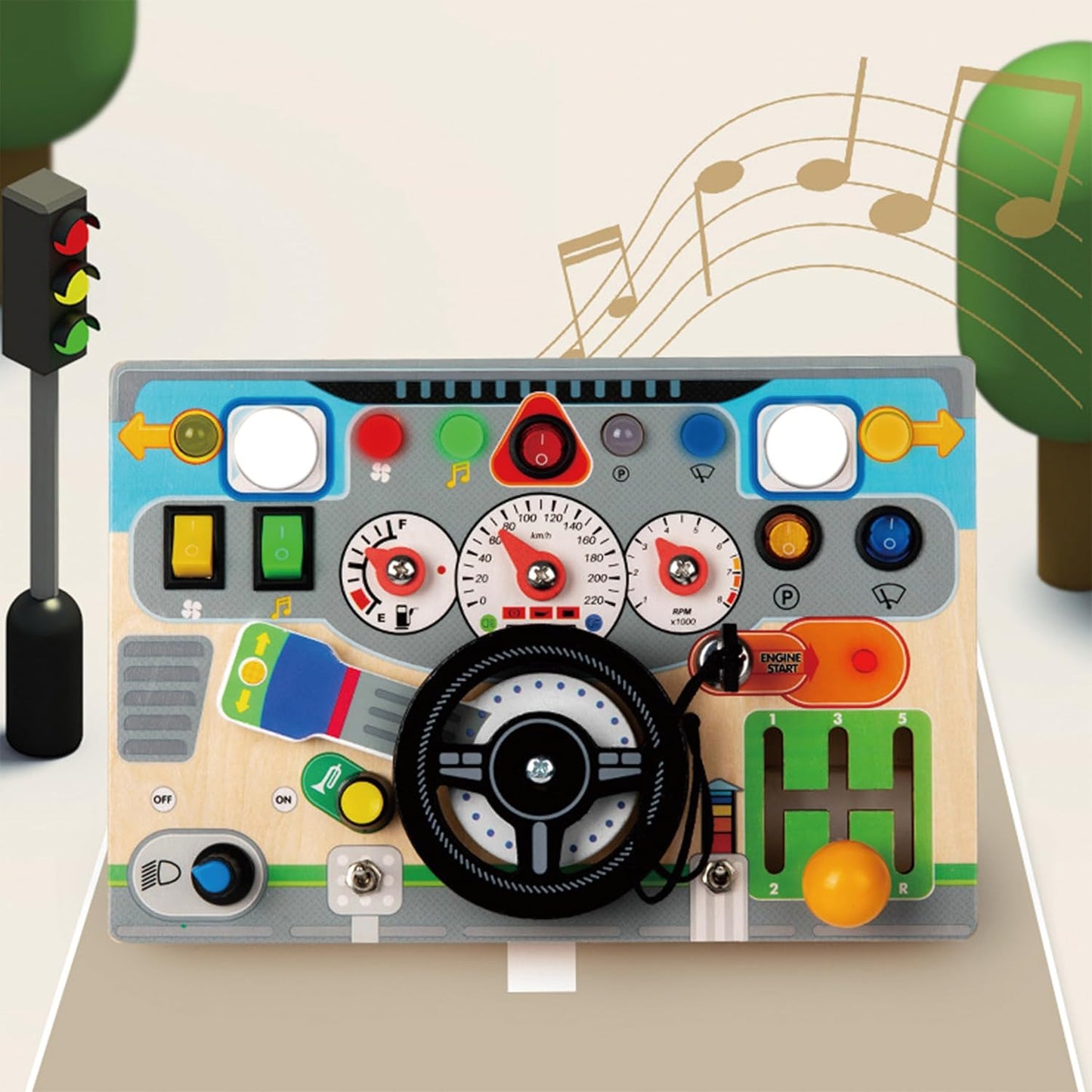 Wooden Montessori Busy Board for Toddlers 4-8 - Wooden Dashboard Steering Wheel Toy， Fine Motor Skill Development Toy for Kids 1-6， Educational Pretend Driving Busy Board for Boys & Girls