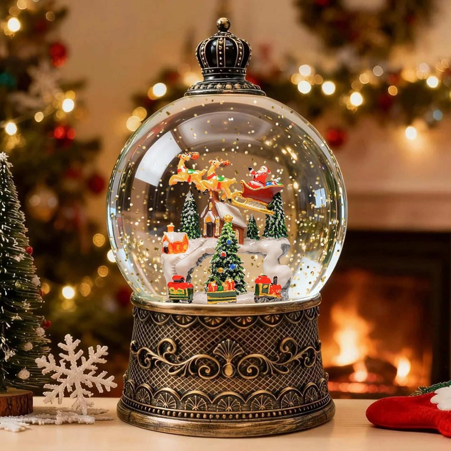 Christmas Snow Globes Lantern, Church and Christmas Tree Christmas Decorations Indoor, 6H Timer Battery & USB Powered Light Up Musical Snow Globes for Kids Women Adults Gift Thanksgiving Home Decor