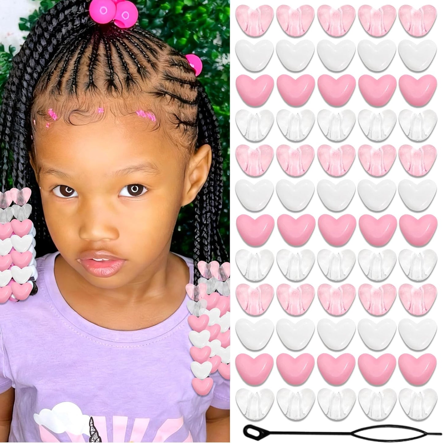 88PCS Pink White Hair Beads for Braids Lovely Heart Shape Loc Dreadlock Valentine's Day Bead Accessories Cute Acrylic Small Pony Beads for Kids Girls
