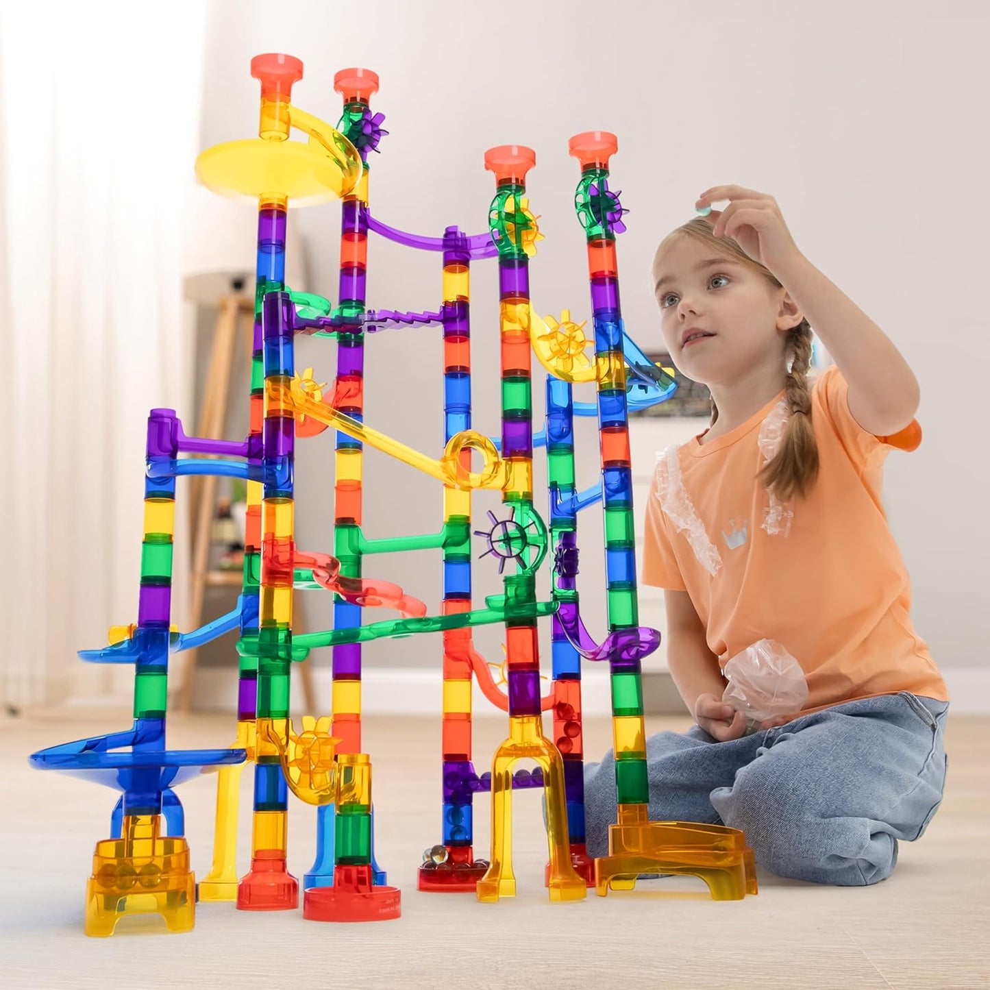 JOYIN 150Pcs Glowing Marble Run- Construction Building Blocks Toys with 5 Glow in The Dark Glass Marbles, STEM Educational Building Block Toy, Birthday Gifts, Easter Basket Stuffers