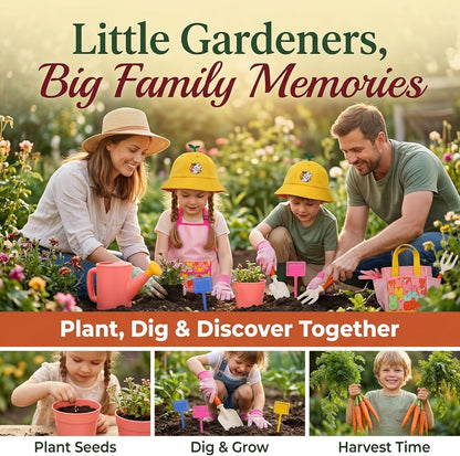 JOI MEW Kids Gardening Tools Set, Garden Toys w/Wooden Handle Alloy Rake,Fork,Trowel, Watering Can,Gloves,Tote Bag,Plant pots, DIY Bookmark Kits, Spring Summer Toy Outdoor Gift for Toddler Boy Girl