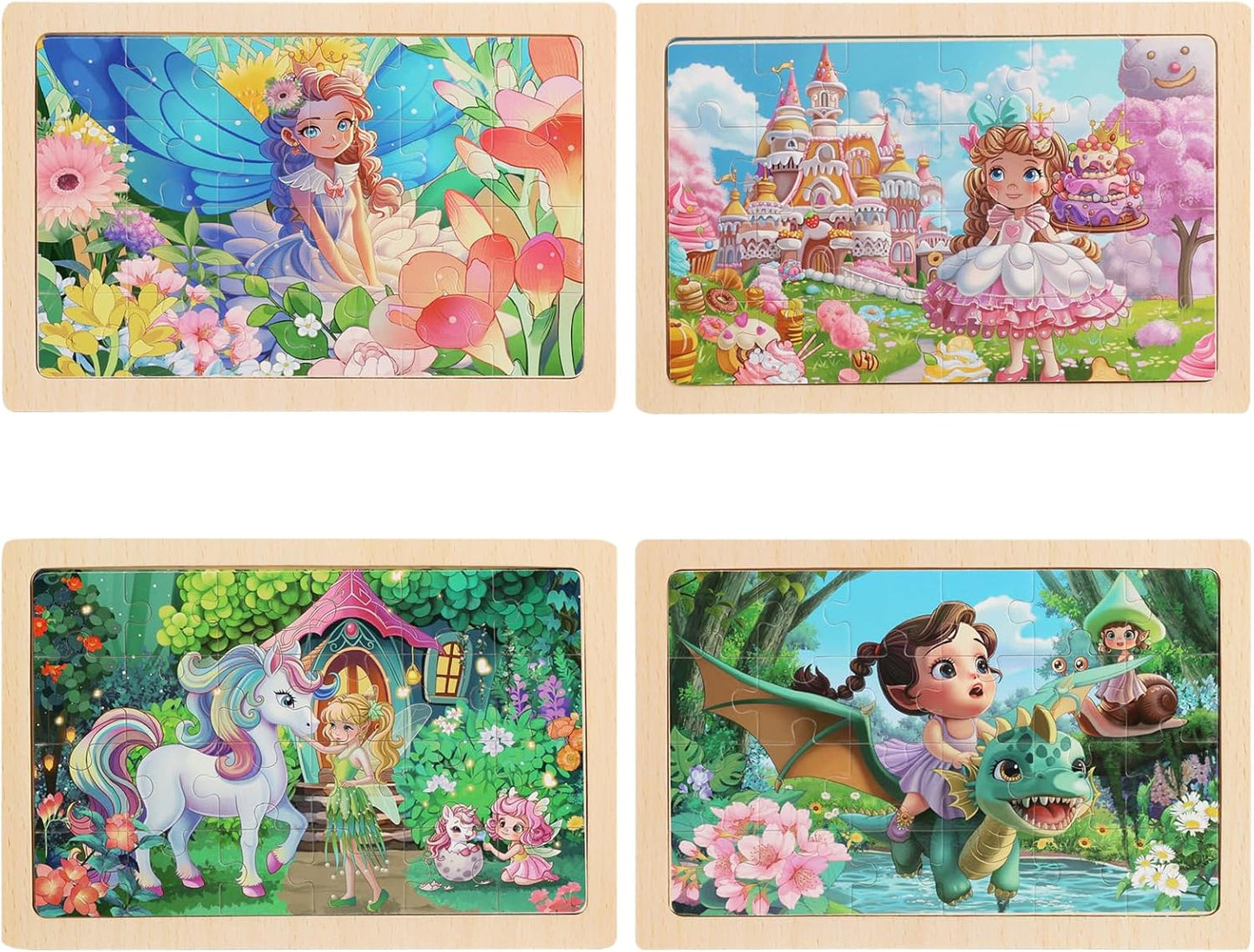 4 Sets of Wooden Puzzles, Each Set has 24 Pieces, Including Castle Unicorn Princess, for Toddlers 3-5, Puzzles for Kids Ages 4-6, Preschool Educational Brain Teaser Toys for Girls 3 4 5 6 Years Old.