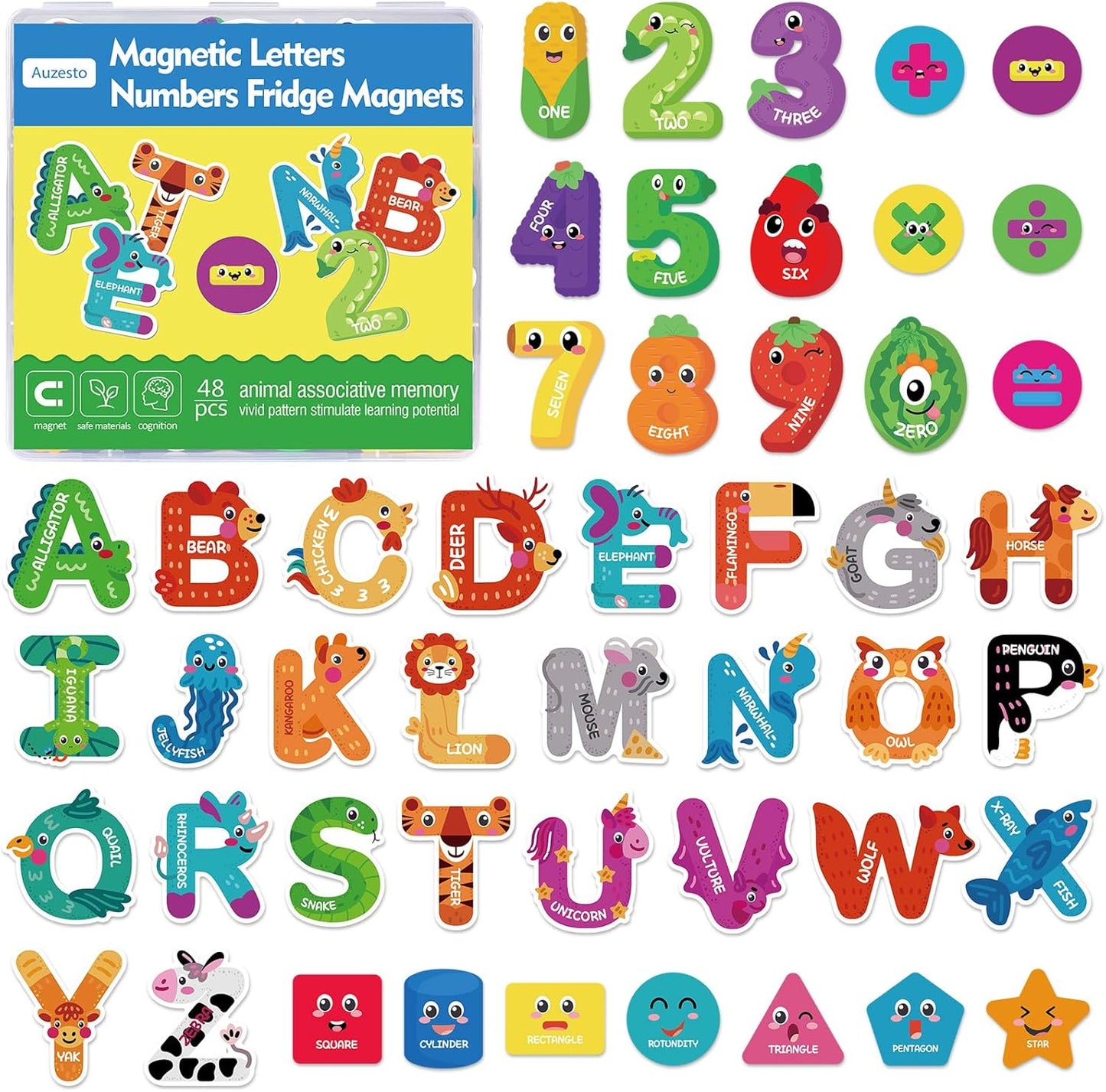 48Pcs Magnetic Letters and Numbers Fridge Magnets, 26 Uppercase Letters 0-9 Numbers Refrigerator Magnets Cute Animal Alphabet Magnets for Student School Learning Spelling
