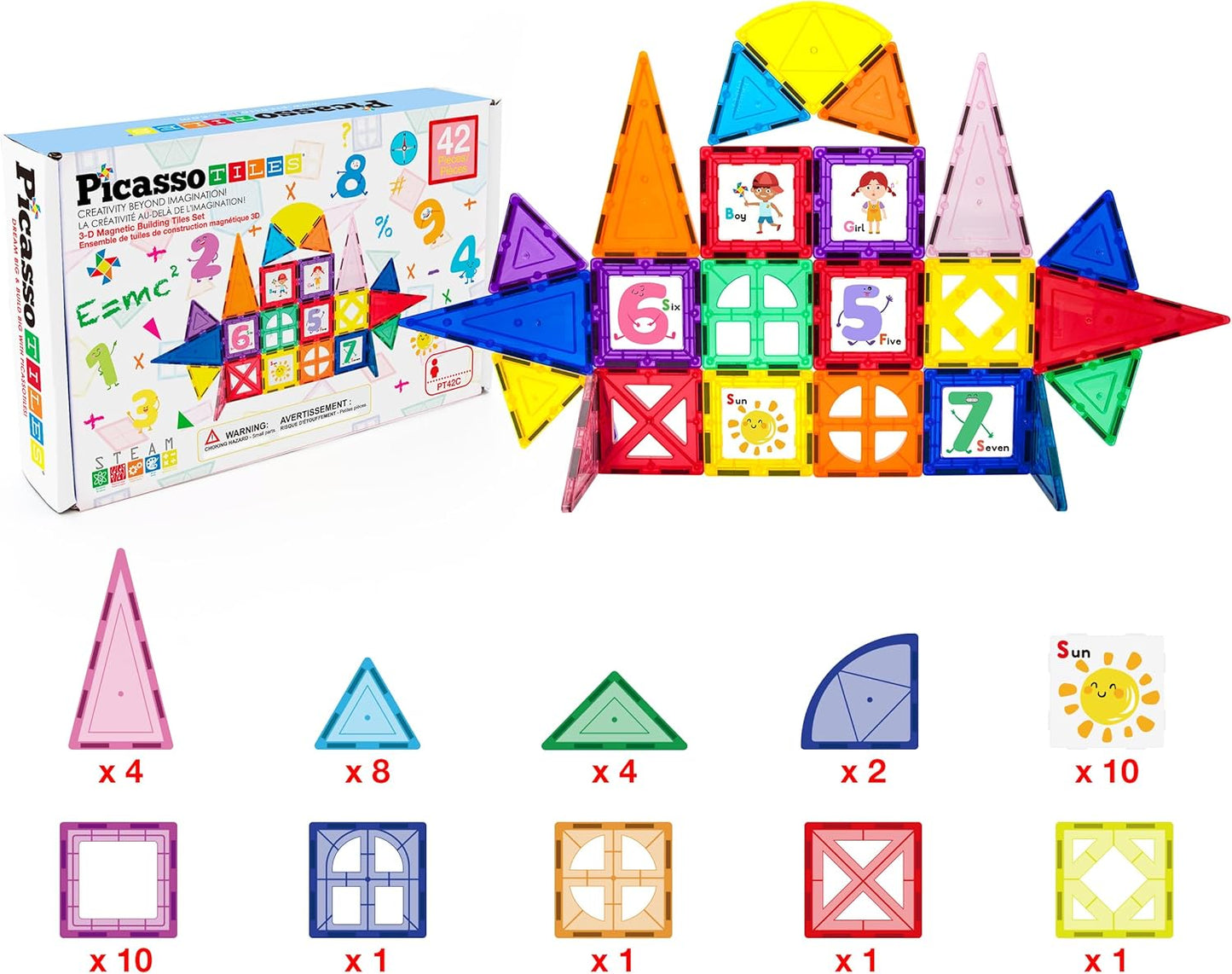 PicassoTiles 42pcs Magnetic Tiles Magnet Blocks See-Through Shape STEM Toys Building Block Educational Playset Compatible with Major Brand Tile -Starter Set for Boys and Girls Toddlers Ages 3+ PT42