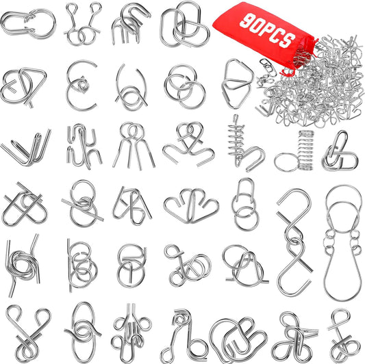 Yilloog Set of 90 Metal Brain Teaser Puzzles with Pouch, Steel Puzzle Games Physics Mind Metal Wire Puzzles for Adults Basket Stocking Stuffers for Teen Boys Girls Kids Desk Trinkets Challenge Gift