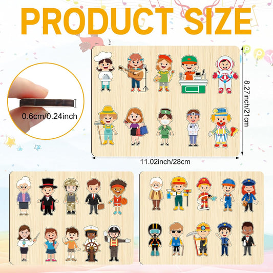 Civaner 3 Set Wooden Puzzle for Toddlers Kids 30 Pcs Wooden Community Helpers Toys People Figures Occupations Interchangeable Dress up Peg Puzzles Educational Social Learning Supplies for Boys Girls