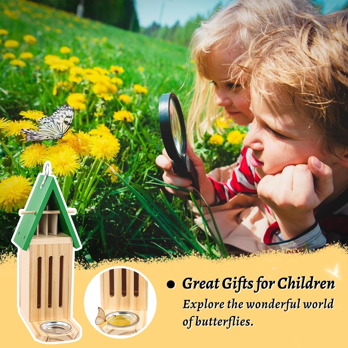 New Butterfly House and Feeder for Outside, Wooden Butterfly House with Metal Stake for Garden, Natural Butterfly Habitat with Butterfly Puddler on The Floor or Hanging on Tree Wall