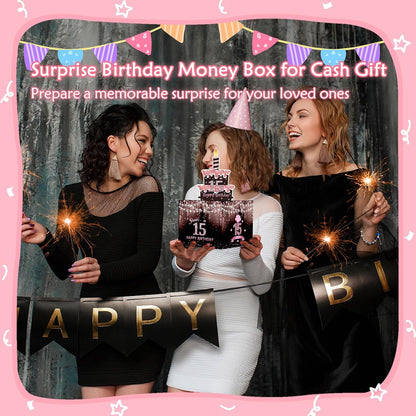 Birthday Money Box for Cash Gift Pull, Surprise Gift Boxes for Money, Money Holder Box with Pull Out Happy Birthday Card and 50Pcs Transparent Bags, Money Gift Ideas for Kids and Adults