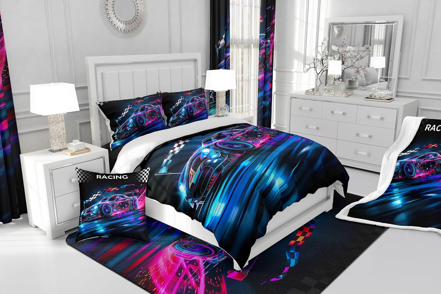 Drum Kit Duvet Cover,Kids Musical Instruments Bedding Set,Rock Music Comforter Cover for Boys Girls Room Decor,Neon Lighting Lightweight Bedspread Cover Twin Size with 1 Pillow Case(No Comforter)