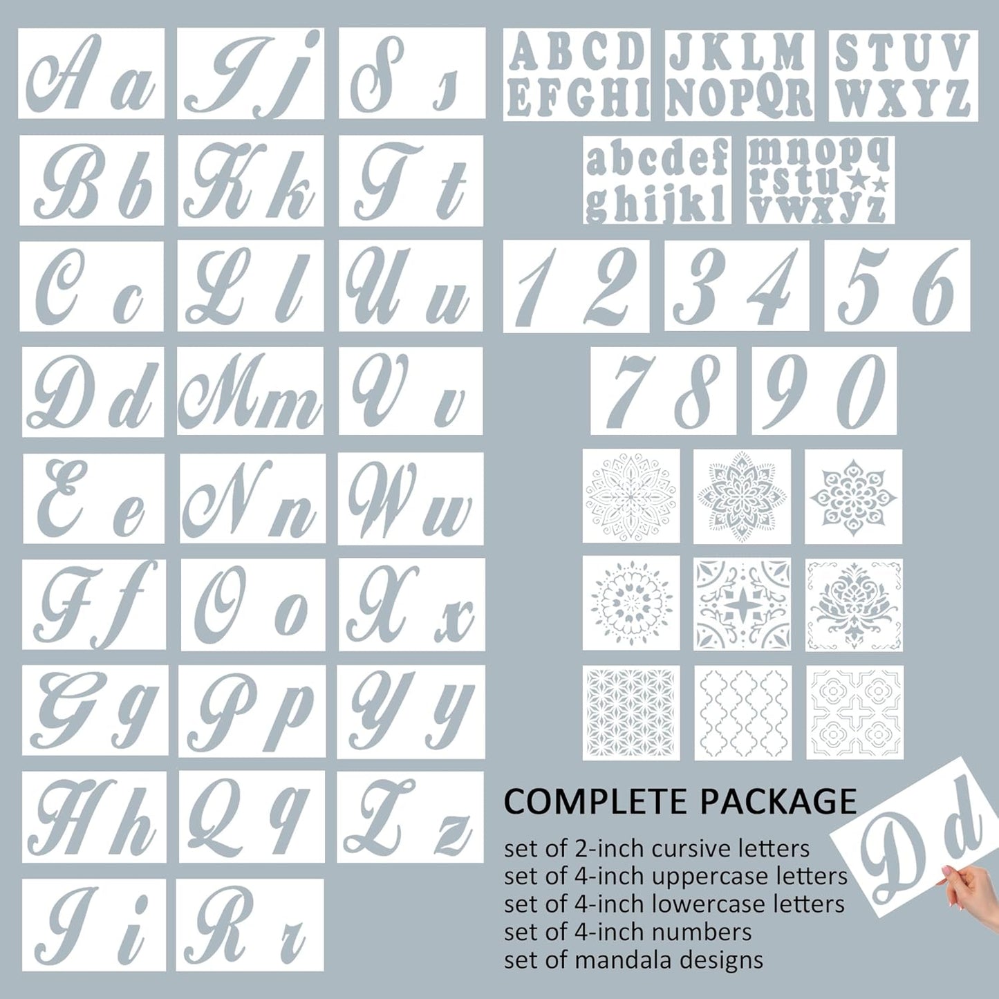 124 Alphabet Numbers Mandala Stencils Small Large Upper Lowercase 2 and 4 inch Arts Crafts Letters Stencil Reusable Template for Calligraphy DIY Painting Wood Wall Fabric Rock Bullet Journal Kit