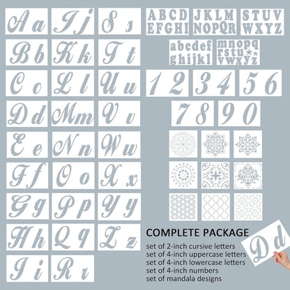124 Alphabet Numbers Mandala Stencils Small Large Upper Lowercase 2 and 4 inch Arts Crafts Letters Stencil Reusable Template for Calligraphy DIY Painting Wood Wall Fabric Rock Bullet Journal Kit