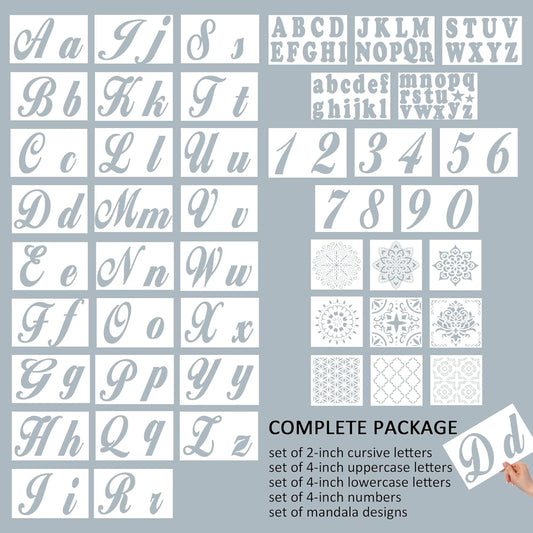 124 Alphabet Numbers Mandala Stencils Small Large Upper Lowercase 2 and 4 inch Arts Crafts Letters Stencil Reusable Template for Calligraphy DIY Painting Wood Wall Fabric Rock Bullet Journal Kit