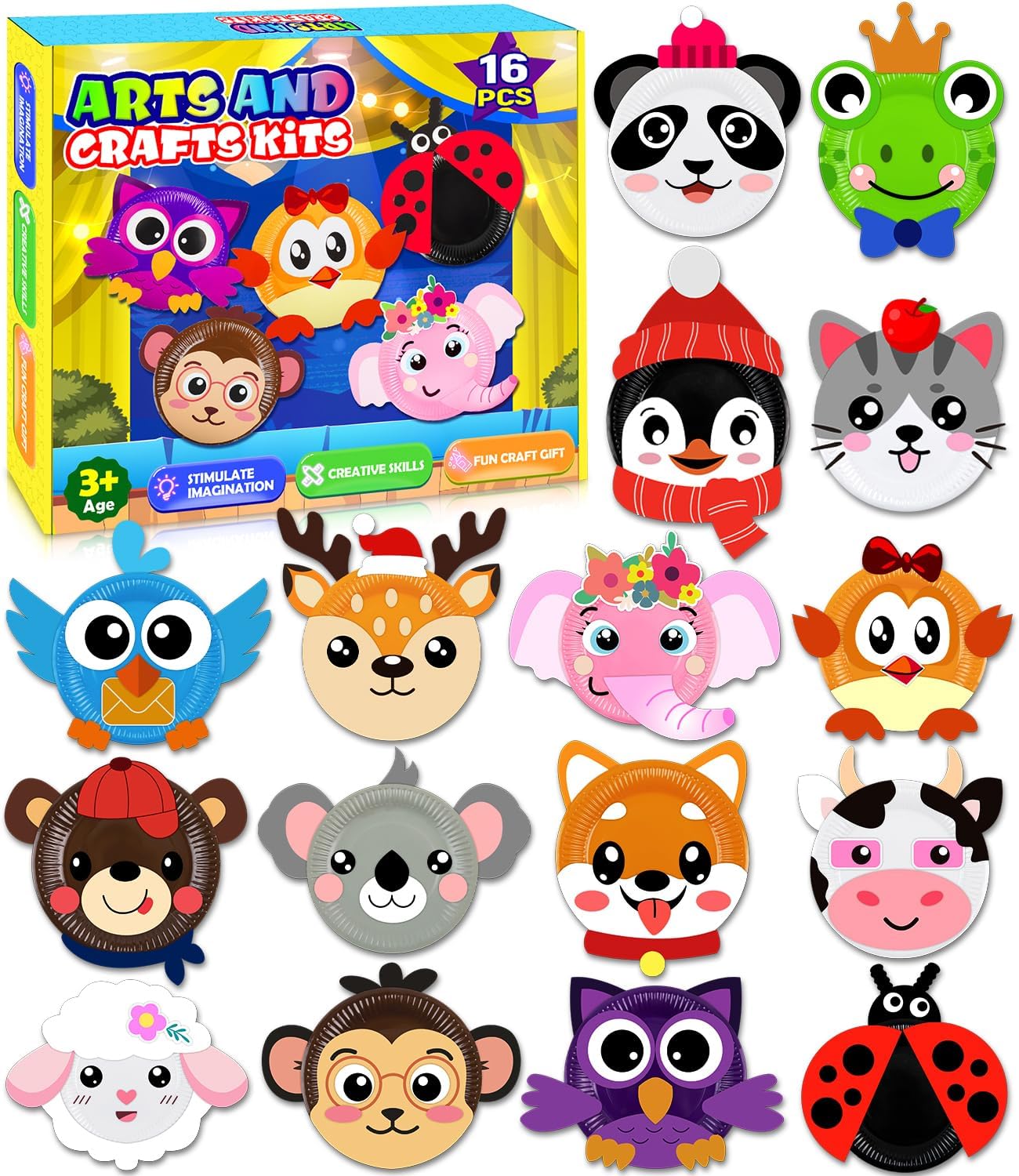 16 Pack Arts and Crafts for Kids, Toddler Crafts Animal Paper Plate Art Kit Gift for 3 4 5 6 Year Old Boys Girls DIY Kids for Birthday Party Favor Preschool Classroom Party Games