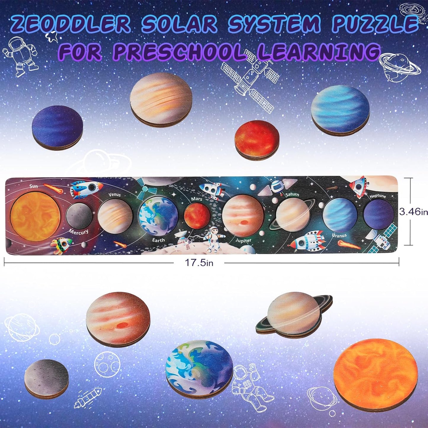 Zeoddler Solar System Puzzle for Kids 3-6, Wooden Space Toys, Planets for Kids, Preschool Learning Activities, Gift for Boys, Girls