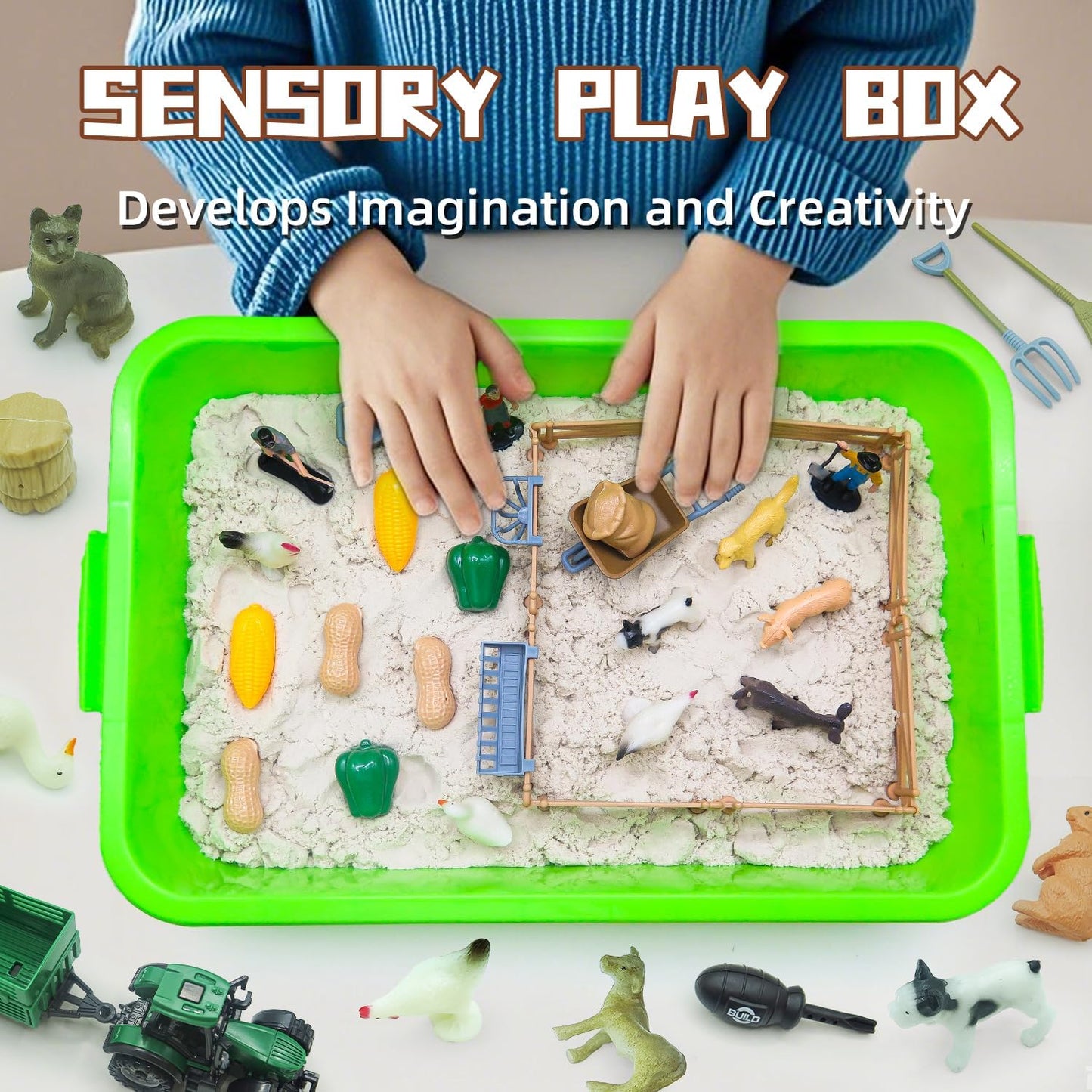 51 PCS Farm Sensory Bin Kids Sandbox with Lid, 2.2 LB Sensory Sand, 40 Toddler Farm, 3 Take Apart Construction Trucks -Sensory for Kids 5-7, 3-4 & Up- Kids Gifts for Boys and Girls