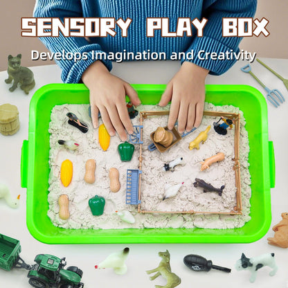 51 PCS Farm Sensory Bin Kids Sandbox with Lid, 2.2 LB Sensory Sand, 40 Toddler Farm, 3 Take Apart Construction Trucks -Sensory for Kids 5-7, 3-4 & Up- Kids Gifts for Boys and Girls