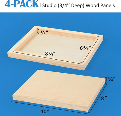 Falling in Art Unfinished Birch Wood Canvas Panels Kit, 4 Pack of 8x10’’ Studio 3/4’’ Deep Cradle Boards for Pouring Art, Crafts, Painting, and More