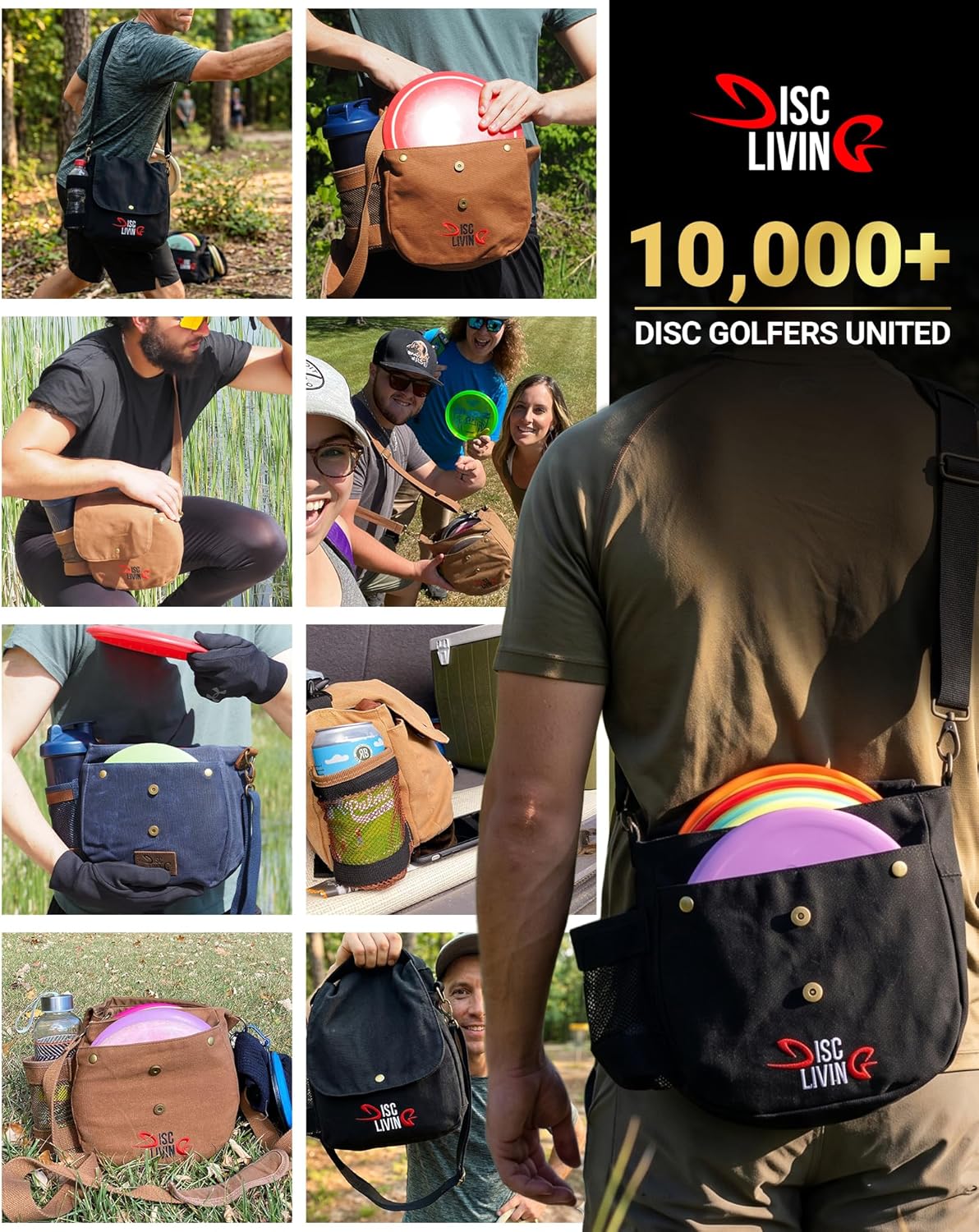 Disc Golf Bag | Frisbee Golf Bag | Easy to Carry | Lightweight Fits Up to 10 Discs | 16 oz Waxed Canvas Sturdy Design | Belt Loop | Double Button Design | Bottle Holder