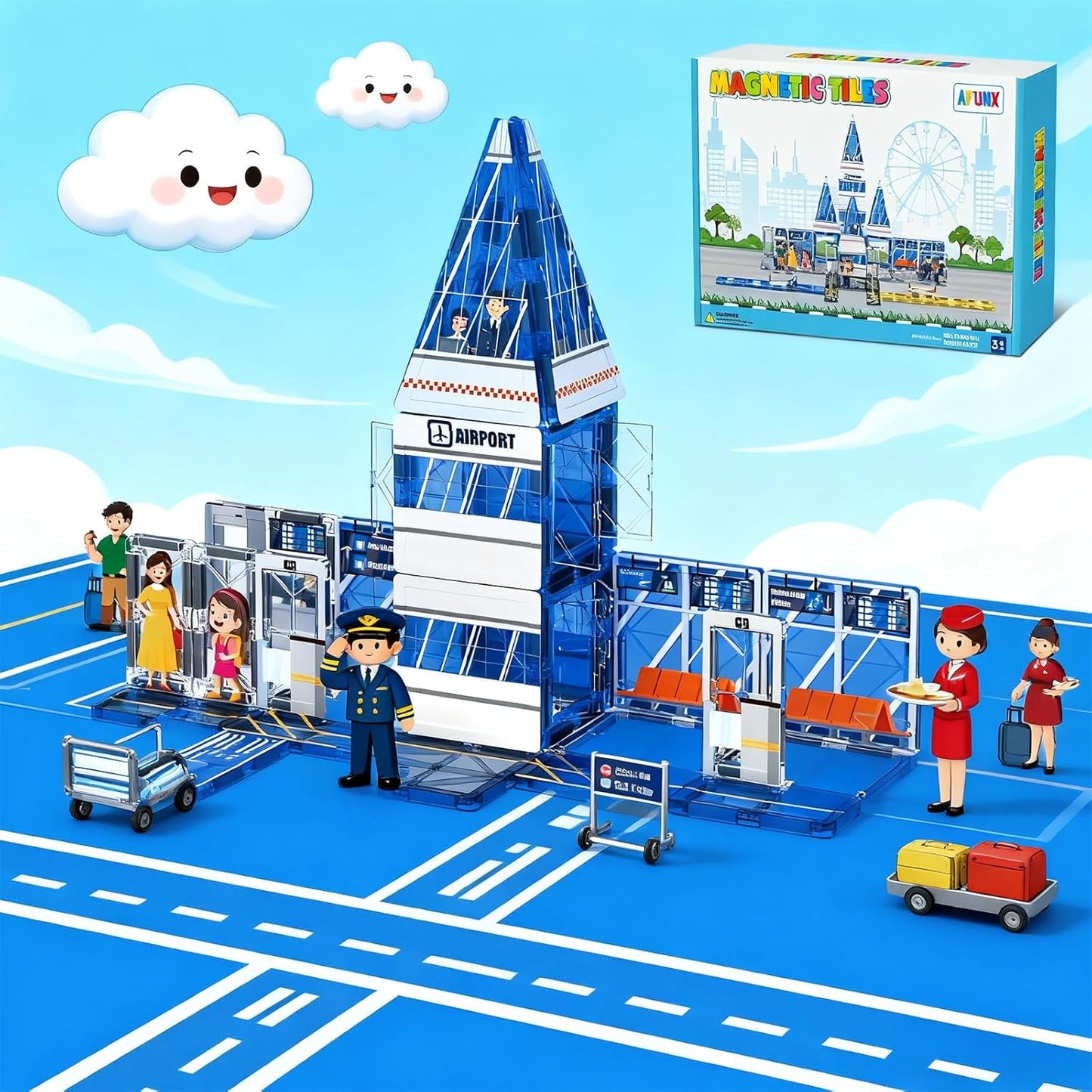 AFUNX Magnetic Tiles, 50PCS Police Station Theme Building Blocks Set, Magnet Building Blocks and STEM Preschool Toys for Toddlers Kids Ages 3-5 5-7 8-10